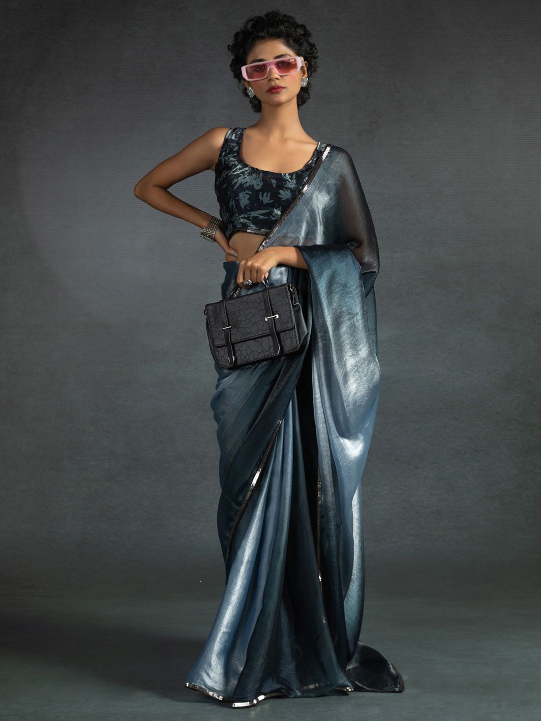 

Saree mall Ombre Satin Sarees, Silver