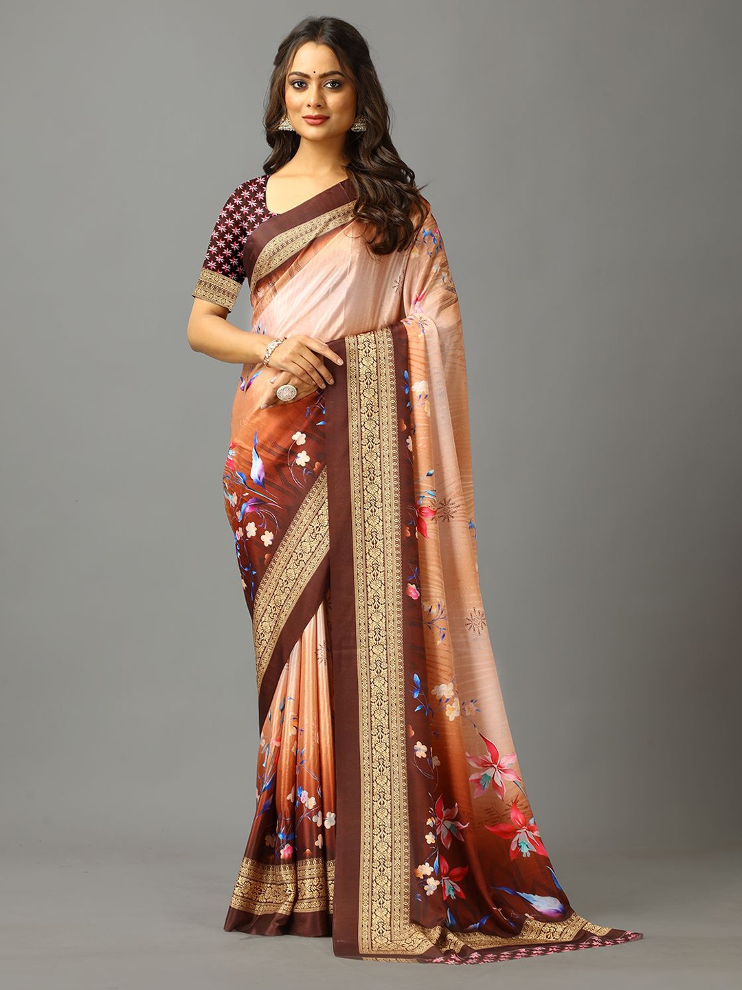 

NIRMAL CREATION Floral Saree, Coffee brown