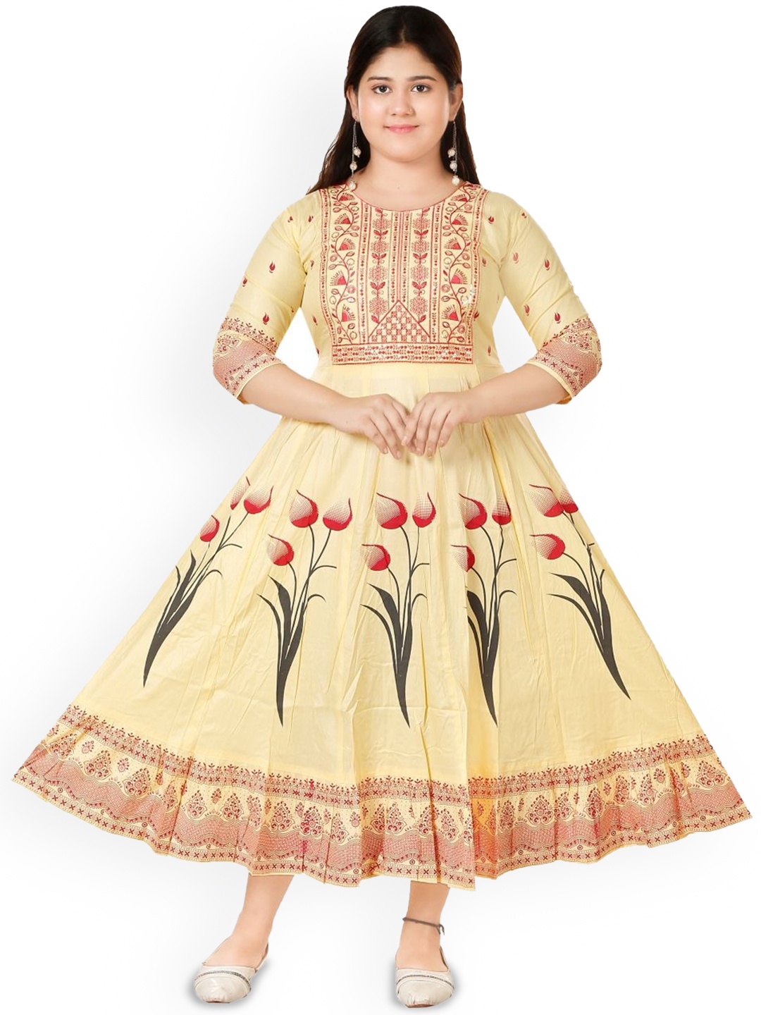 

BAESD Embroidered Round Neck Fit & Flared Ethnic Dresses, Cream