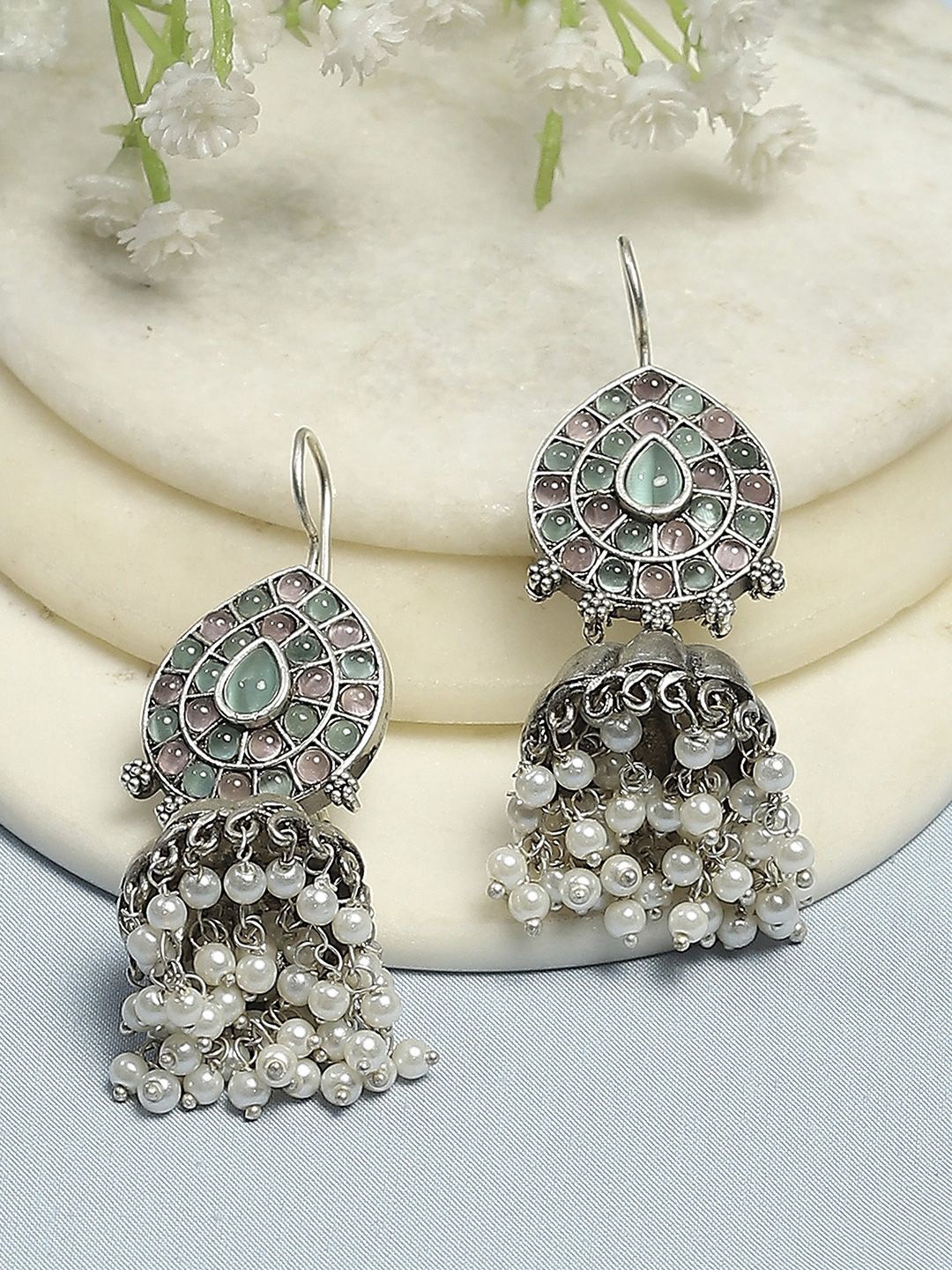 

Biba Silver-Plated Artificial Stones Studded and Beaded Dome Shaped Jhumkas