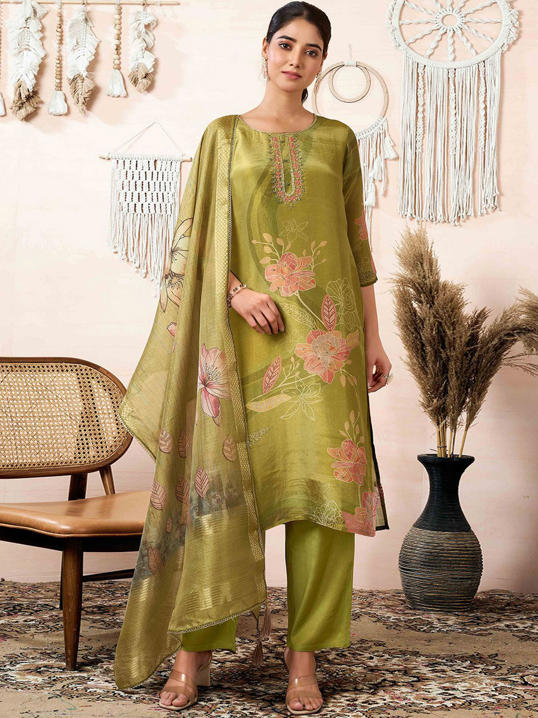 

Peachmode Floral Printed Beads And Stones Organza Straight Kurta With Trousers & Dupatta, Green