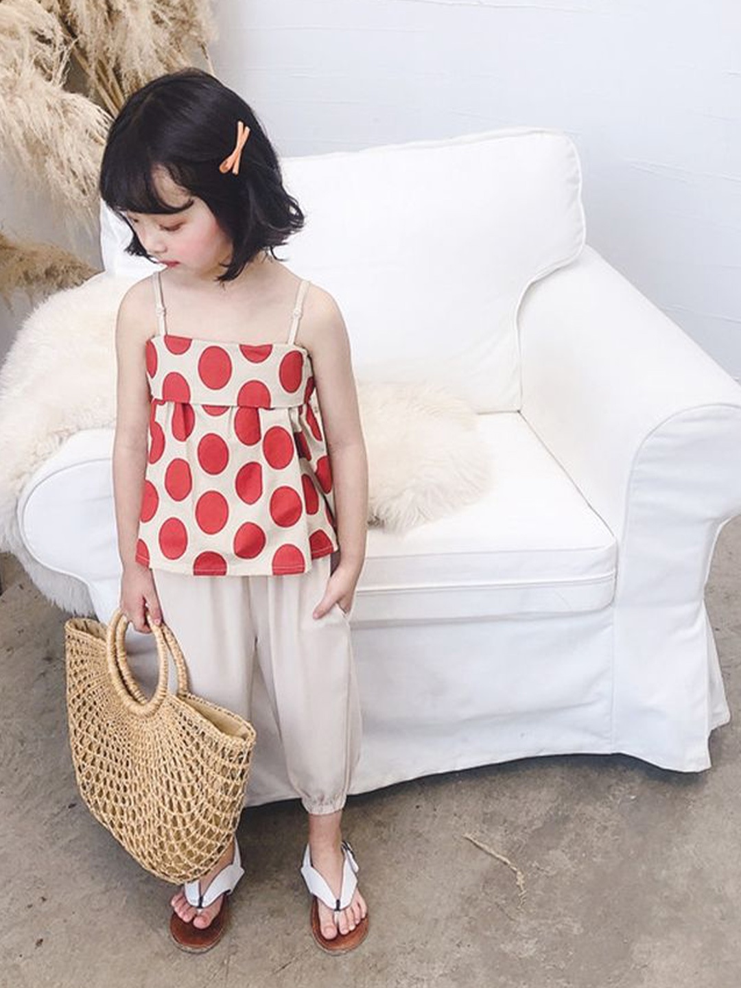 

LULU & SKY Girls Polka Dot Printed Shoulder Straps Top With Trousers, Red