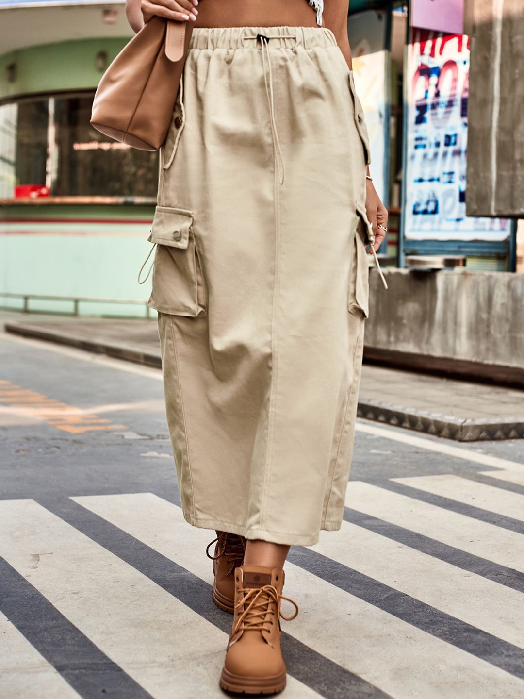 

StyleCast Cotton A-Line Midi Skirt, Beige