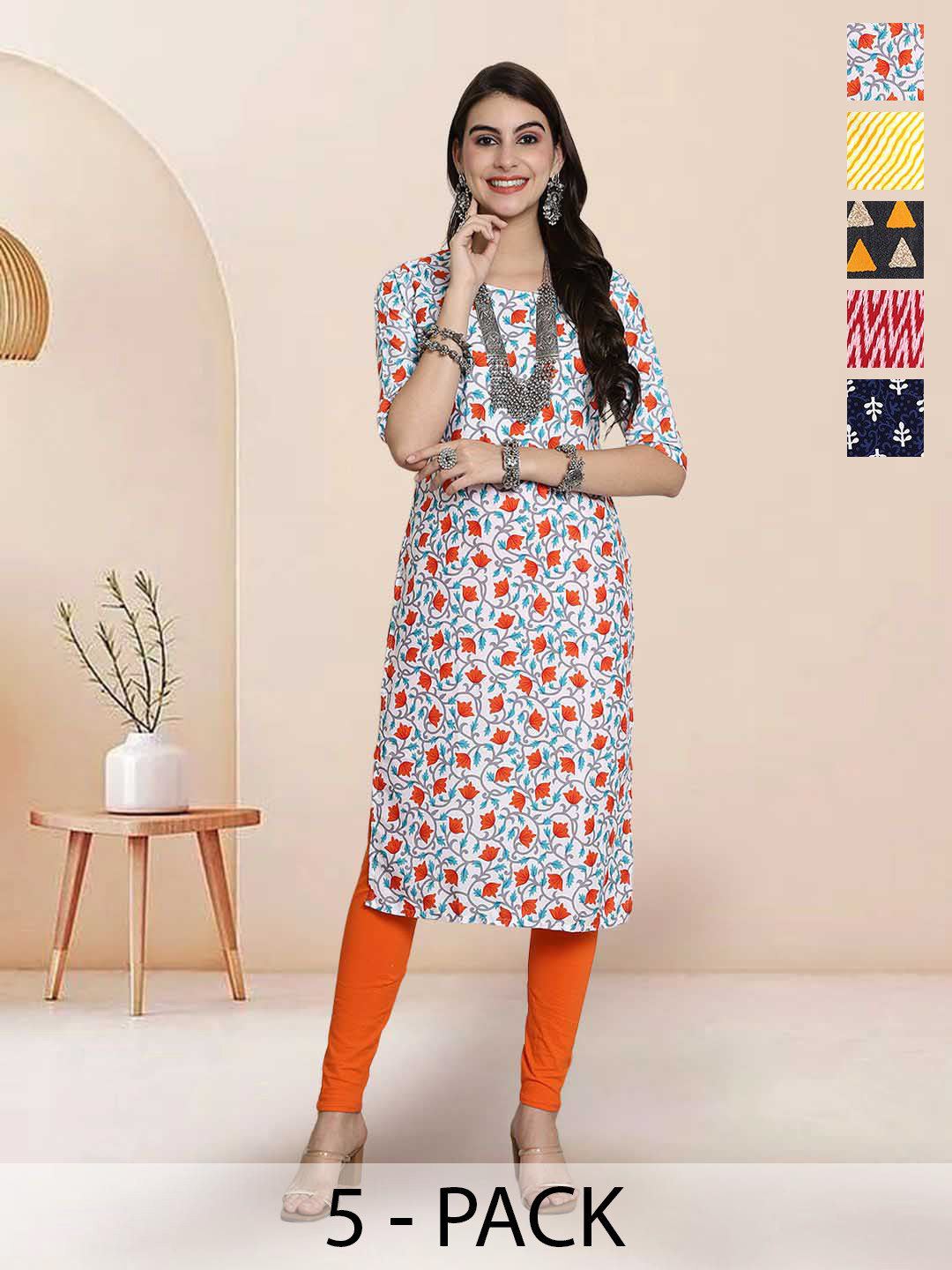 

7Threads Selection of 5 Floral Printed Round Neck Straight Kurtas, White
