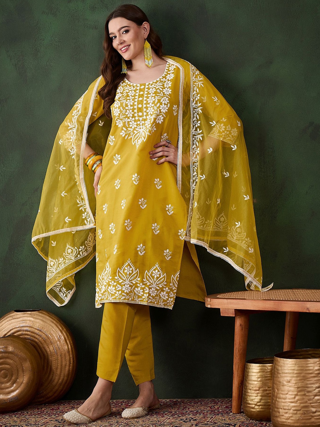 

Maroosh Floral Embroidered Round Neck Thread Work Straight Kurta With Trouser & Dupatta, Mustard