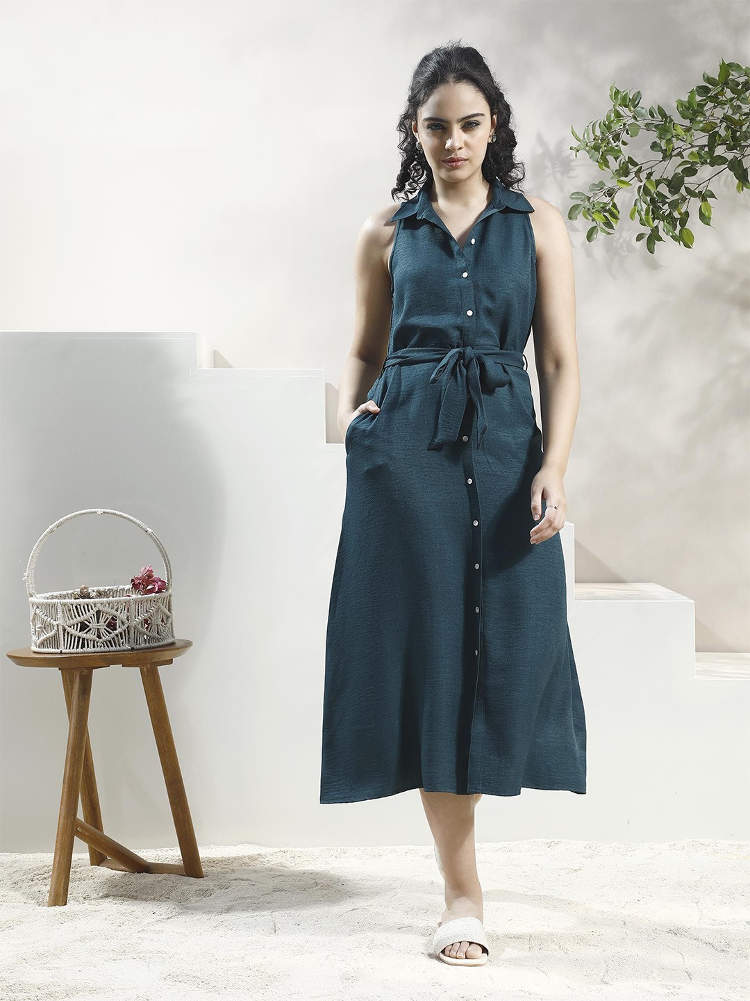 

Boho By Athena Women Shirt Collar Shirt Midi Dress, Blue