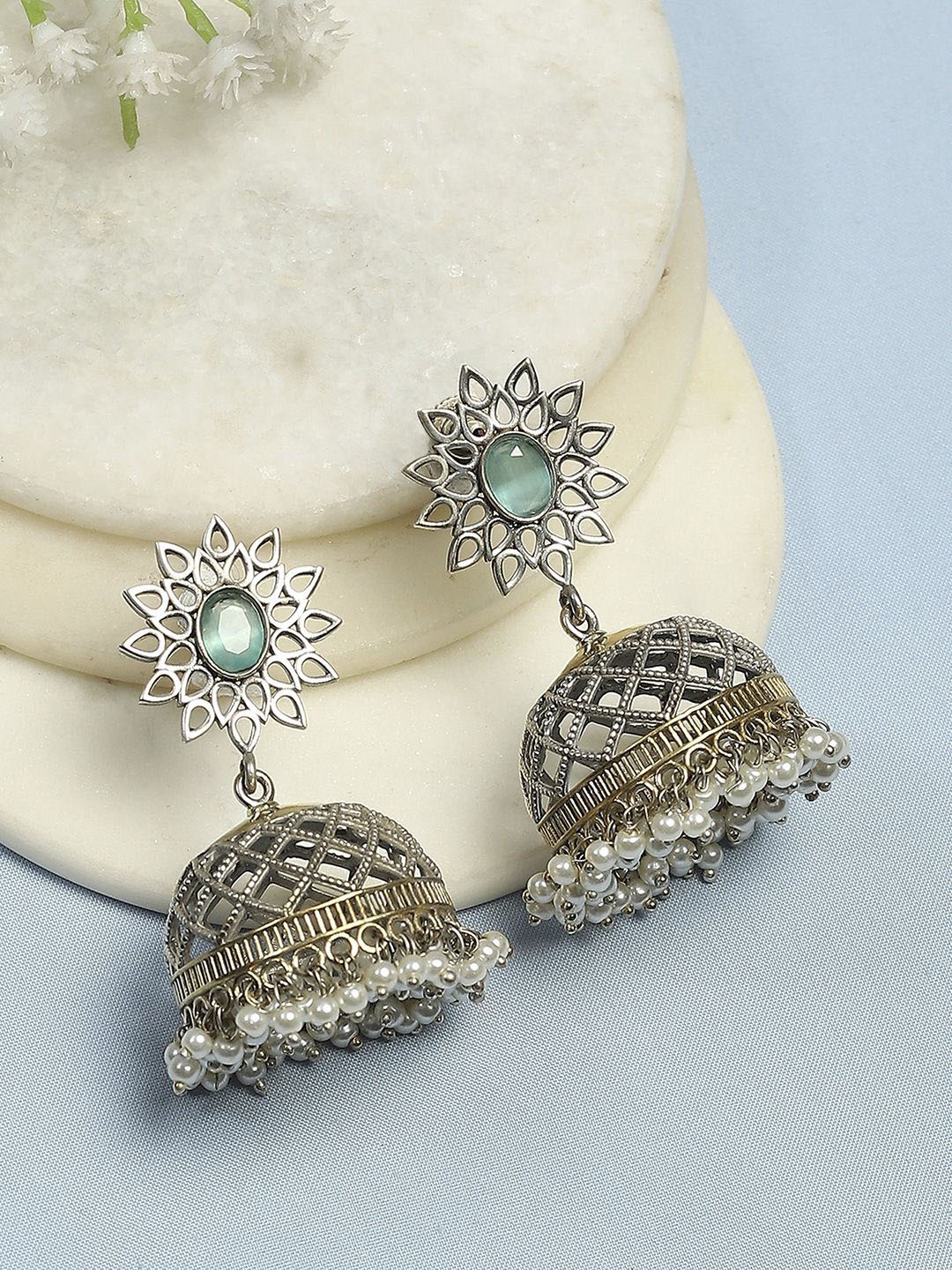

Biba Silver-Plated Artificial Stones Studded and Beaded Dome Shaped Jhumkas, Green