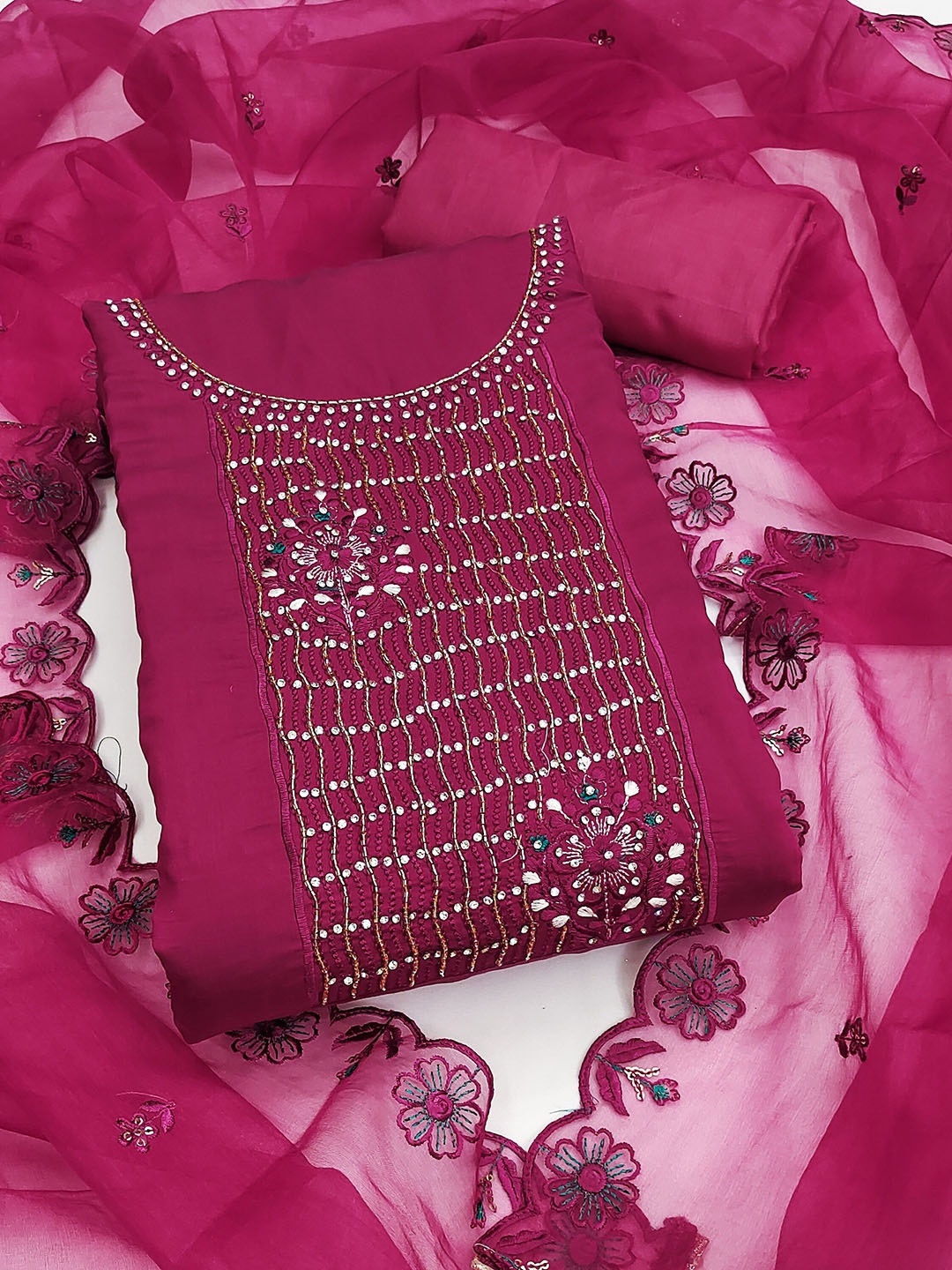 

SAINOOR Floral Sequined Embroidered Pure Silk Semi-Stitched Dress Material, Pink