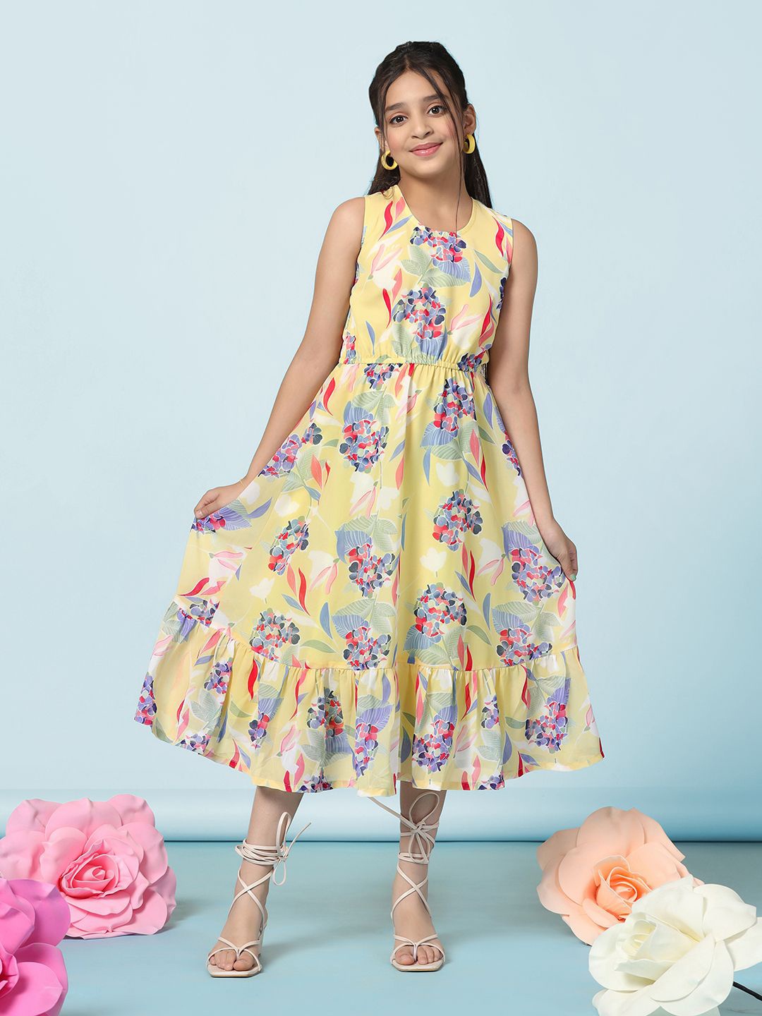 

YK Floral Print Georgette Fit & Flare Midi Dress, Yellow