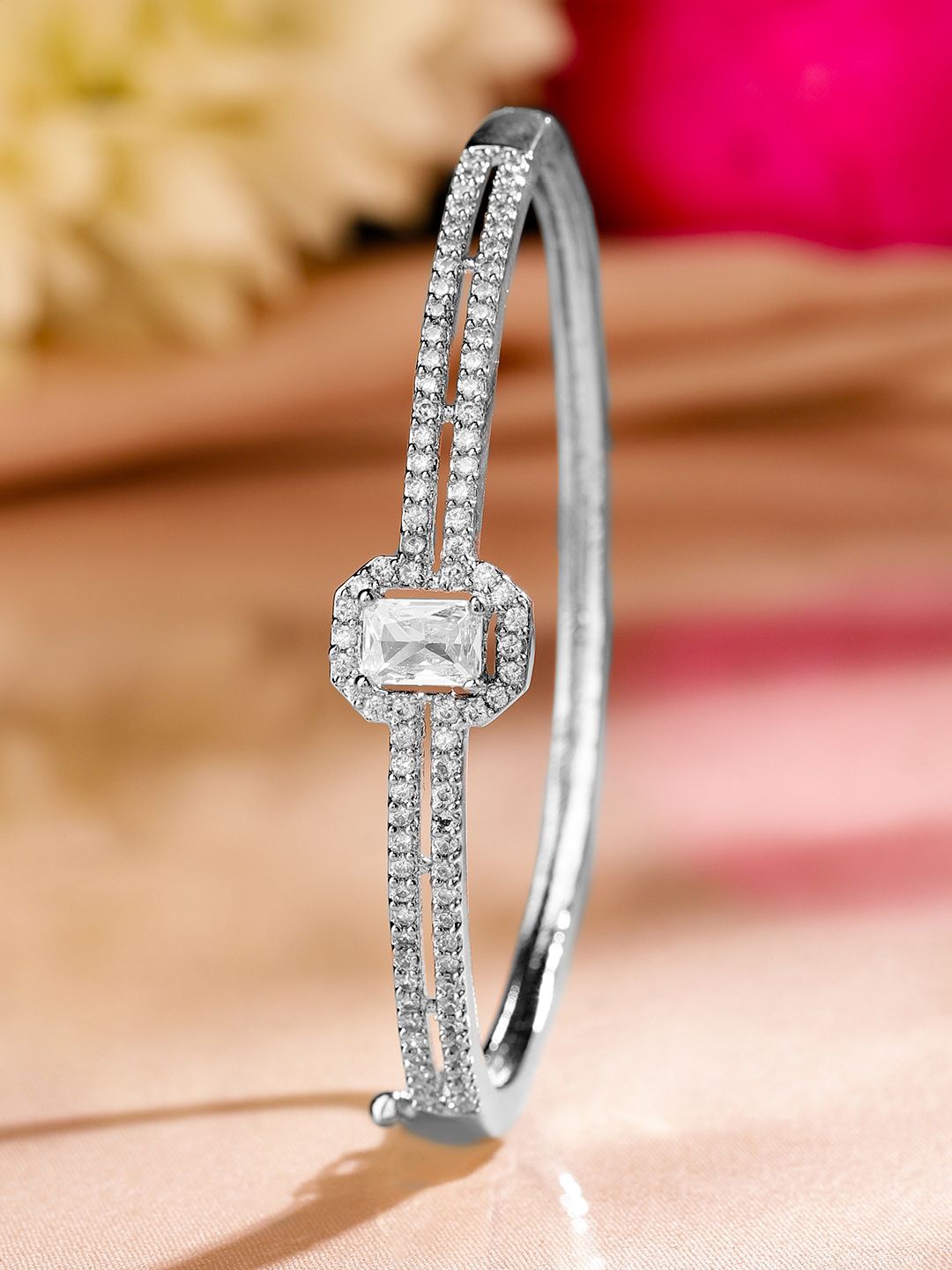 

Rubans Women Brass Cubic Zirconia Handcrafted Rose Gold-Plated Bangle-Style Bracelet
