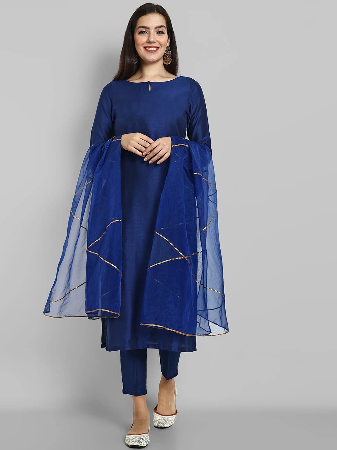 

Mera Rang Boat Neck Straight Kurta With Trousers And Dupatta, Blue