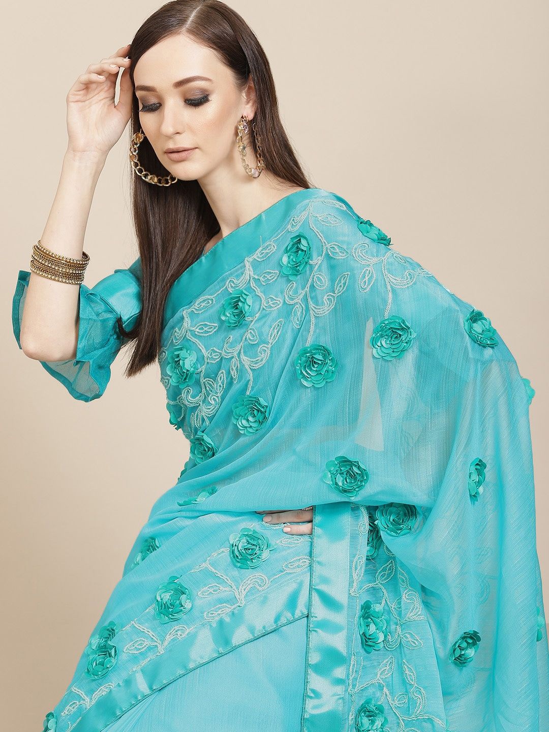 

DIVASTRI Floral Embroidered Pure Chiffon Saree, Turquoise blue