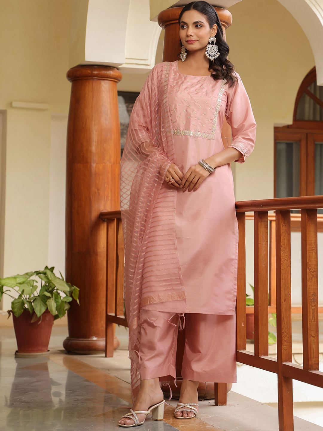 

KALINI Floral Yoke Design Gotta Patti Straight Kurta With Trousers & Dupatta, Peach