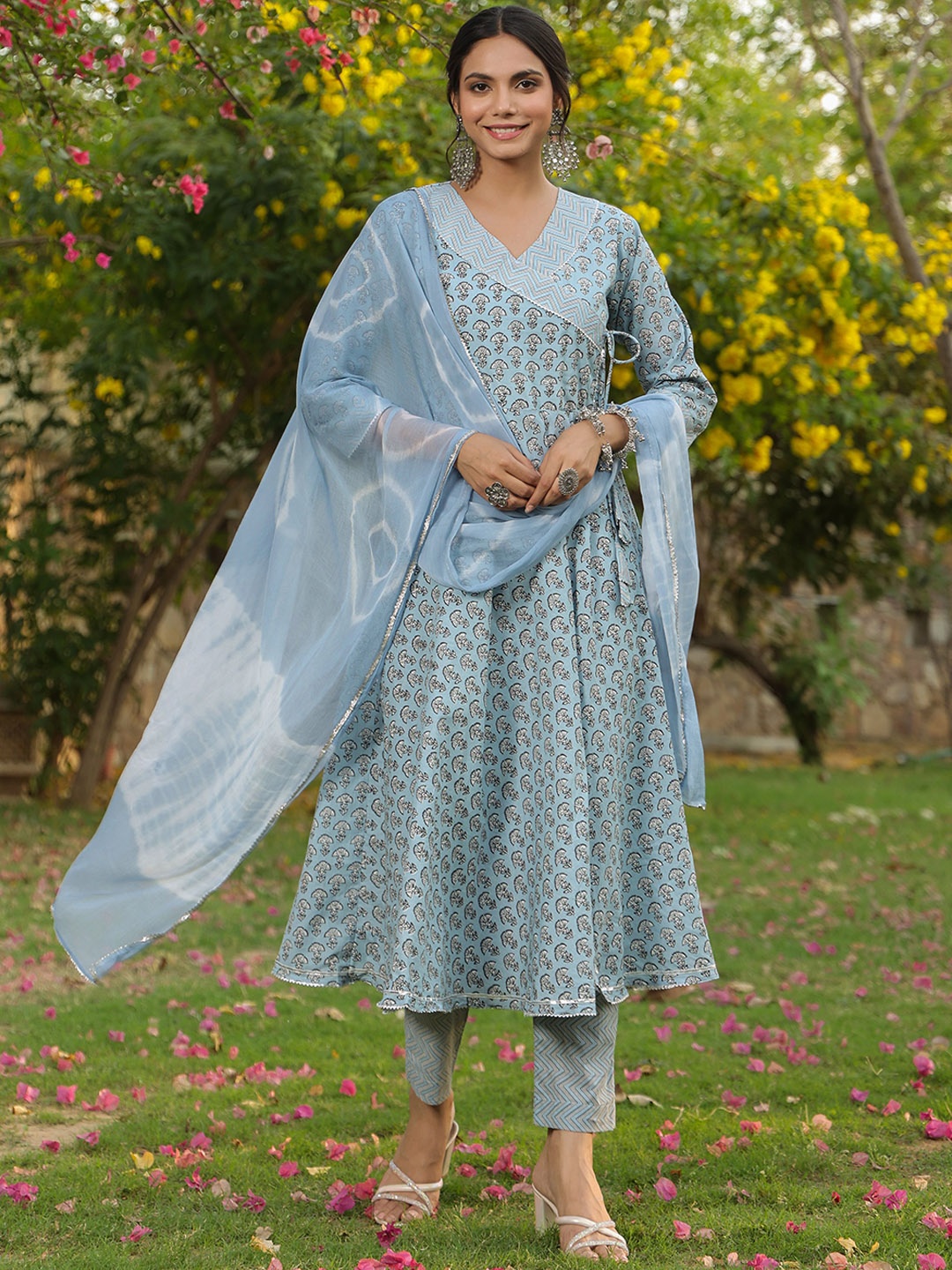 

KALINI Floral Printed V-Neck Angrakha Pure Cotton Kurta With Trousers And Dupatta, Grey