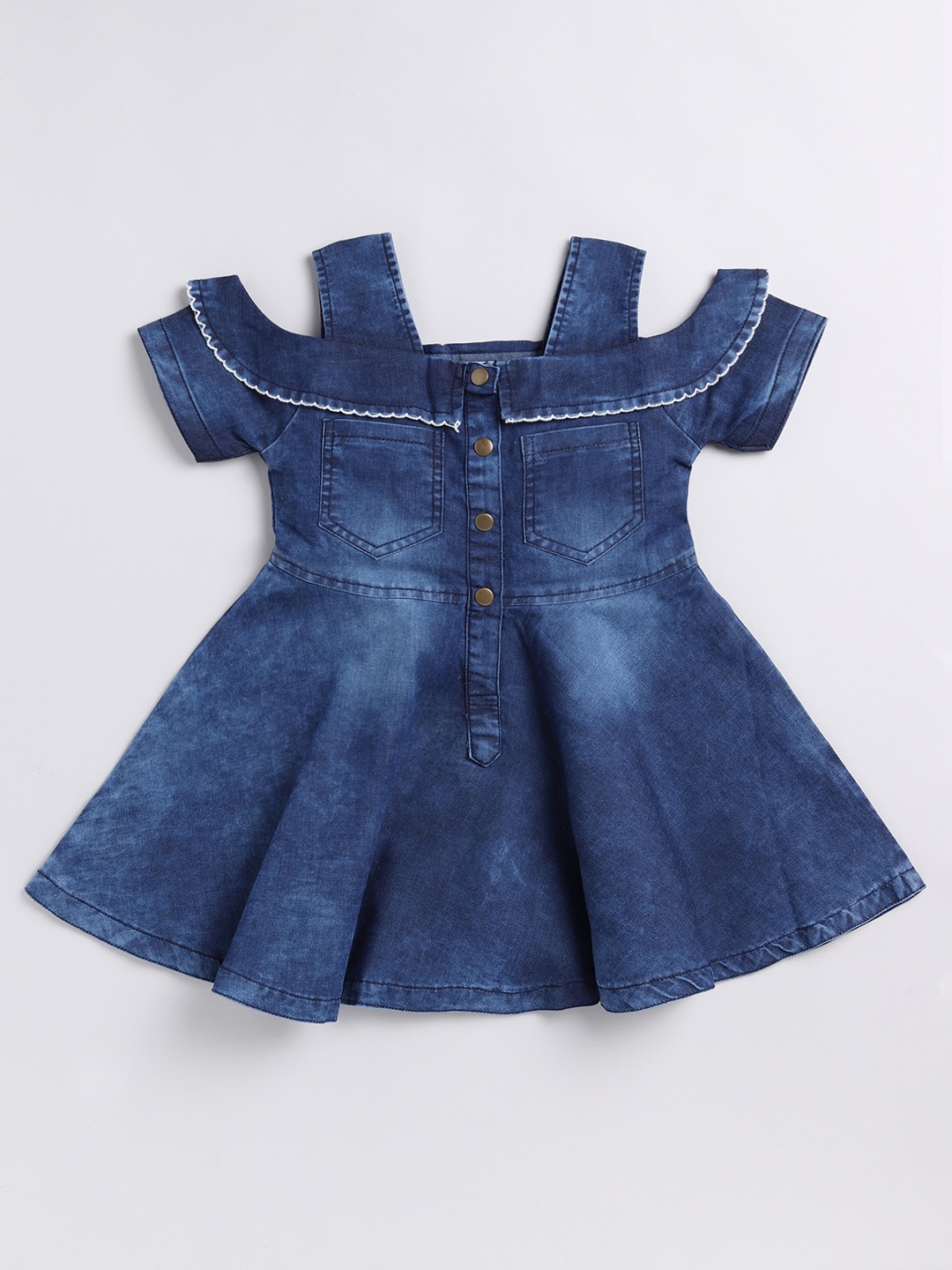 

Here&Now X Denikid Girls Pure Cotton Cold-Shoulder Denim A-Line Dress, Blue