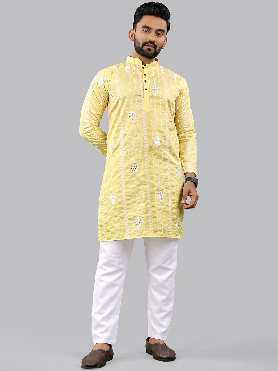 

CHARLOTTE GRACIOUS Men Embroidered Sequinned White Romance Kurta, Yellow