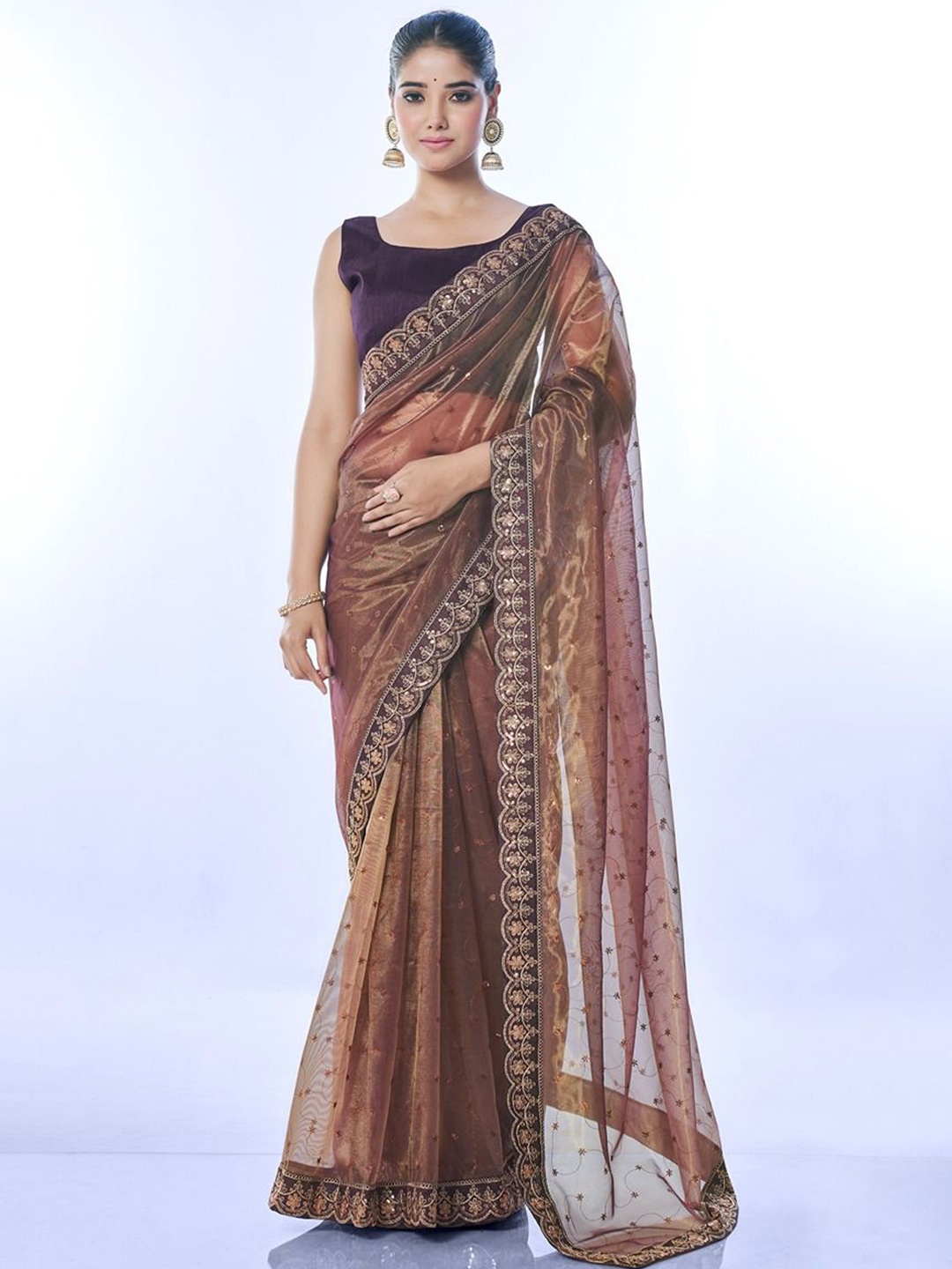 

DIVASTRI Embellished Sequinned Saree With Blouse Piece, Copper