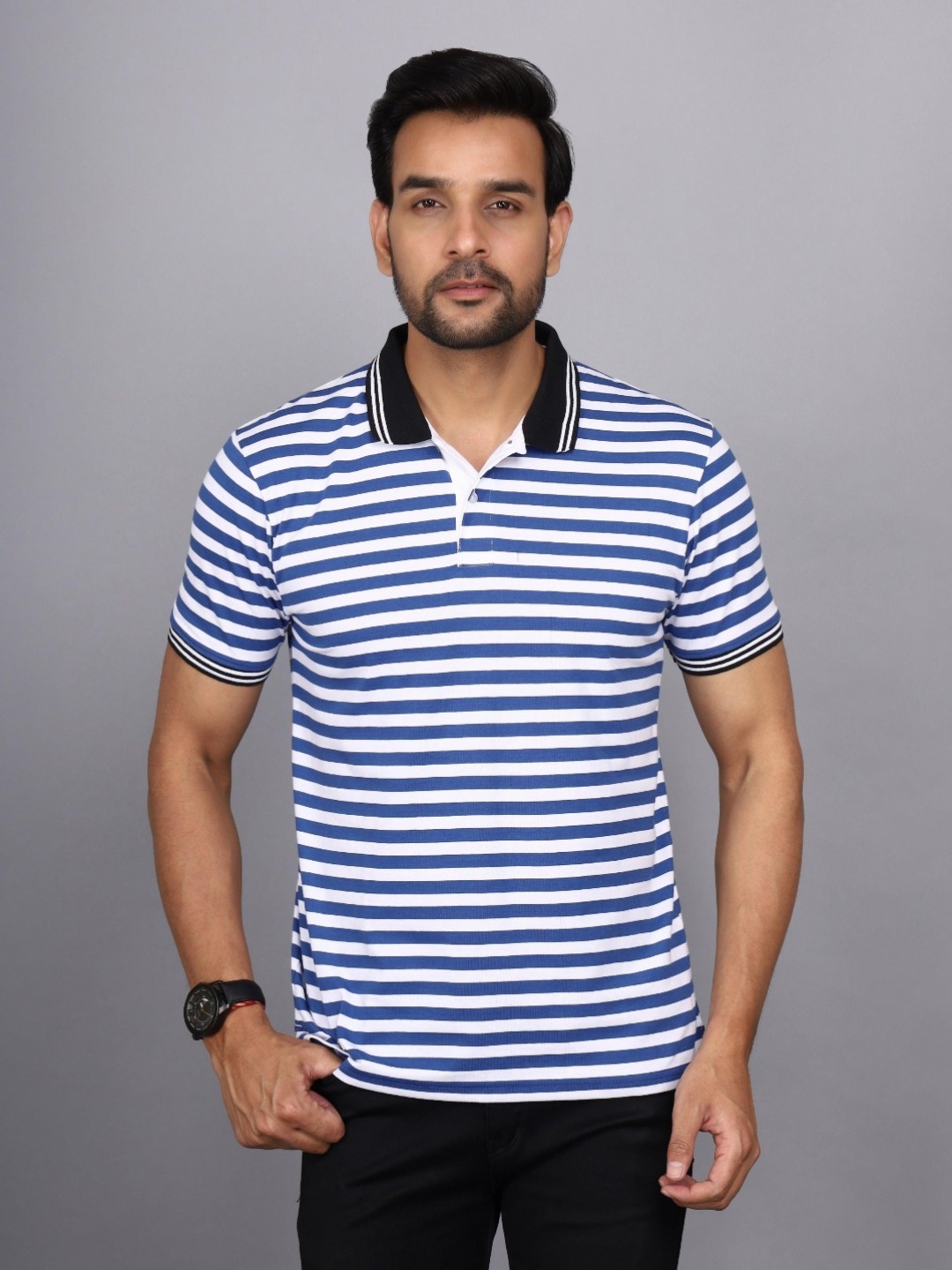 

JAGURO Men Striped Polo Collar Cotton T-shirt, Blue