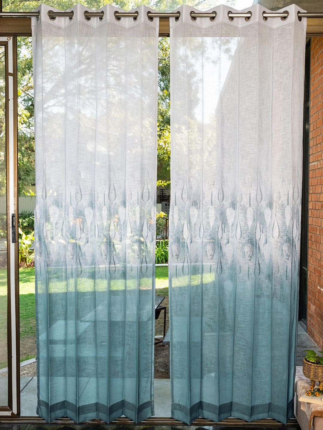 

URBAN SPACE White & Turquoise Blue Pack of 2 Printed Sheer Long Door Curtains