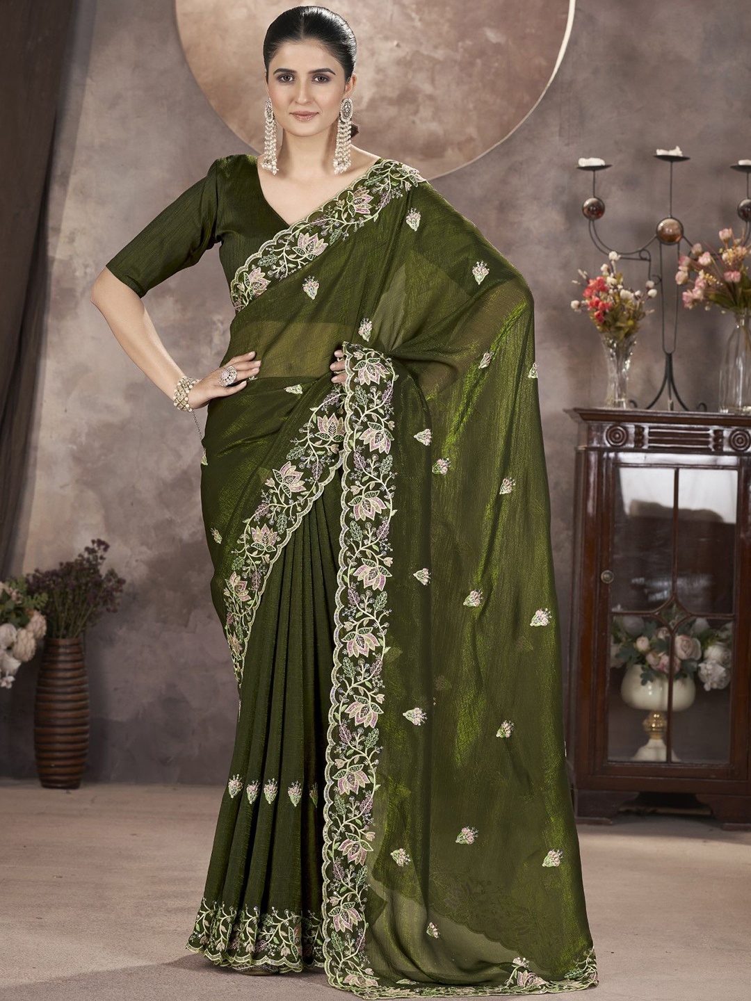

Mitera Embellished Embroidered Saree, Green