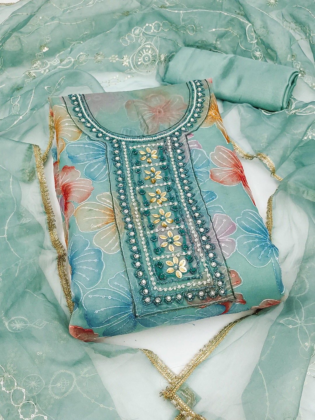 

SAINOOR Floral Embroidered Organza Semi-Stitched Dress Material, Sea green