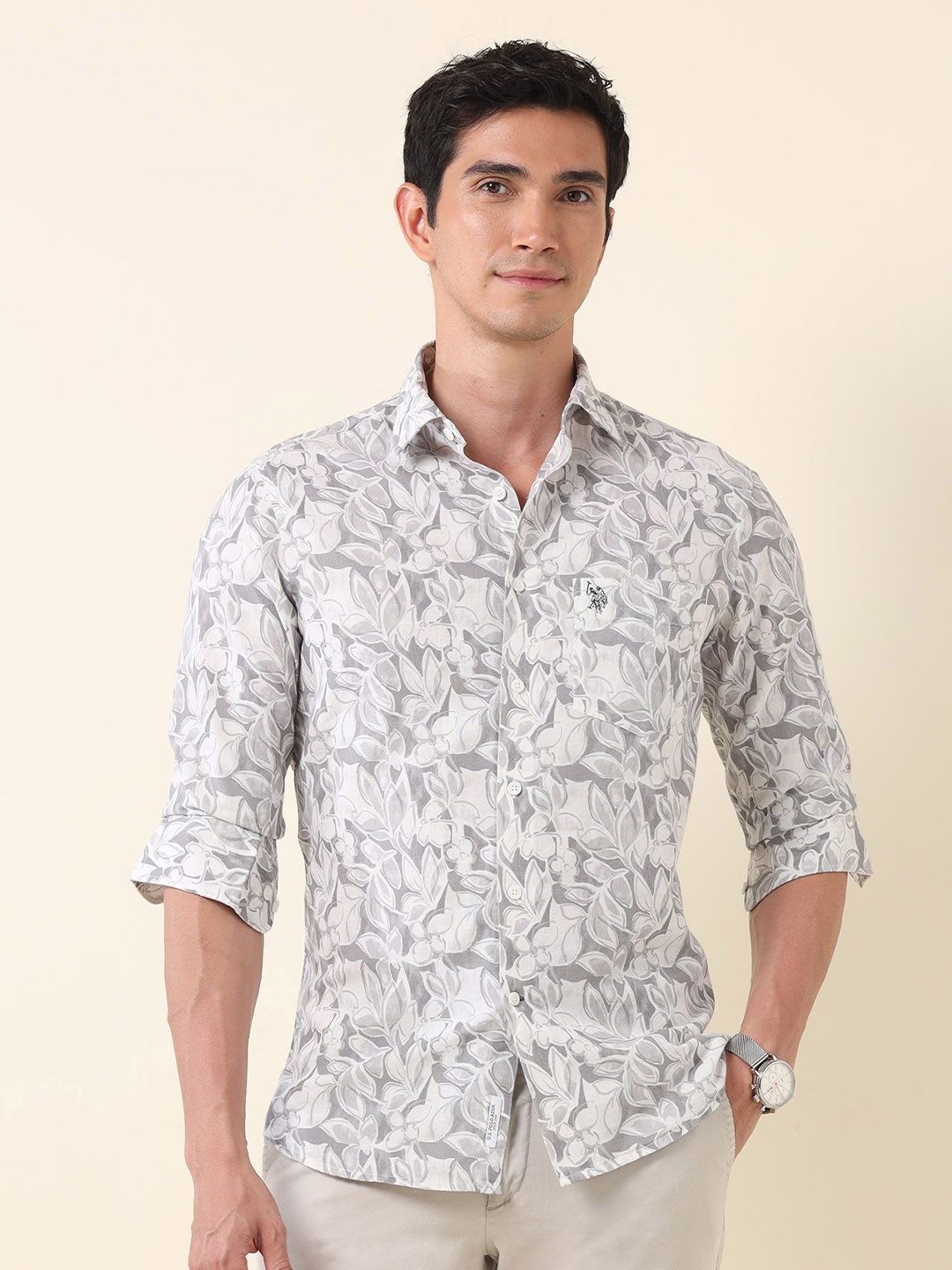 

U.S. Polo Assn. Men Classic Tailored Fit Floral Opaque Printed Casual Shirt, Grey