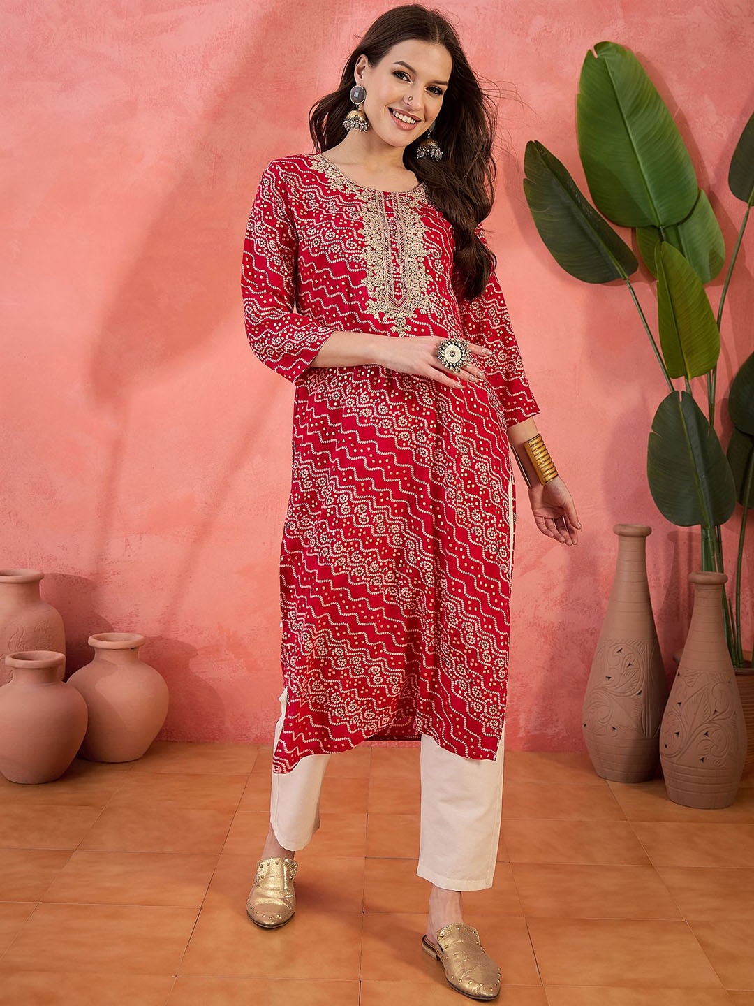 

Sangria Bandhani Printed Thread Work Straight Kurta, Red