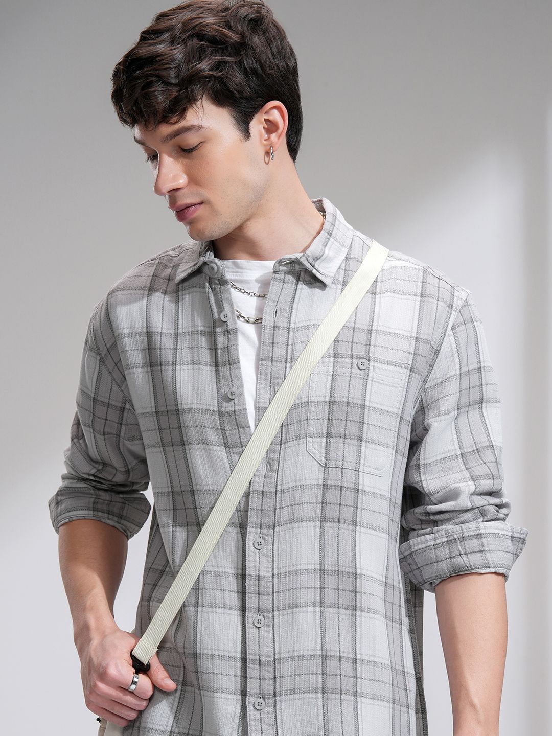 

HIGHLANDER Men Jacquard Textured Evening Party Shirt, Grey