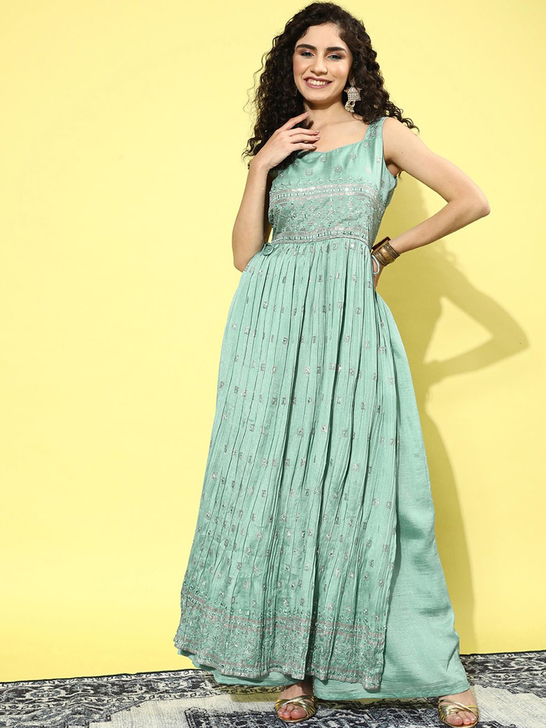 

Sangria Sequence Tasseled Embroidered Straight Kurta & Palazzo, Turquoise blue