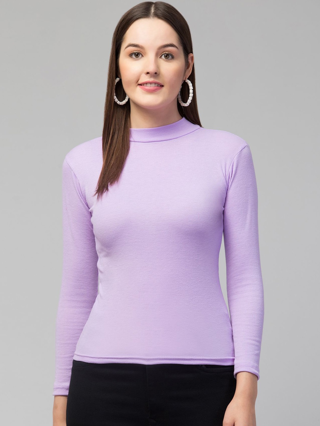 

Swaggish Women Applique Solid Round Neck Long Sleeves Top, Purple