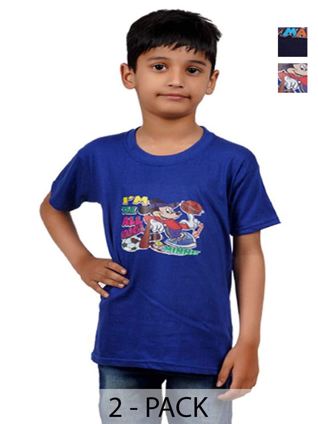 

VastraMilap Unisex Kids Pack Of 3 Mickey Mouse Graphic Printed Round Neck Cotton T-shirts, Blue