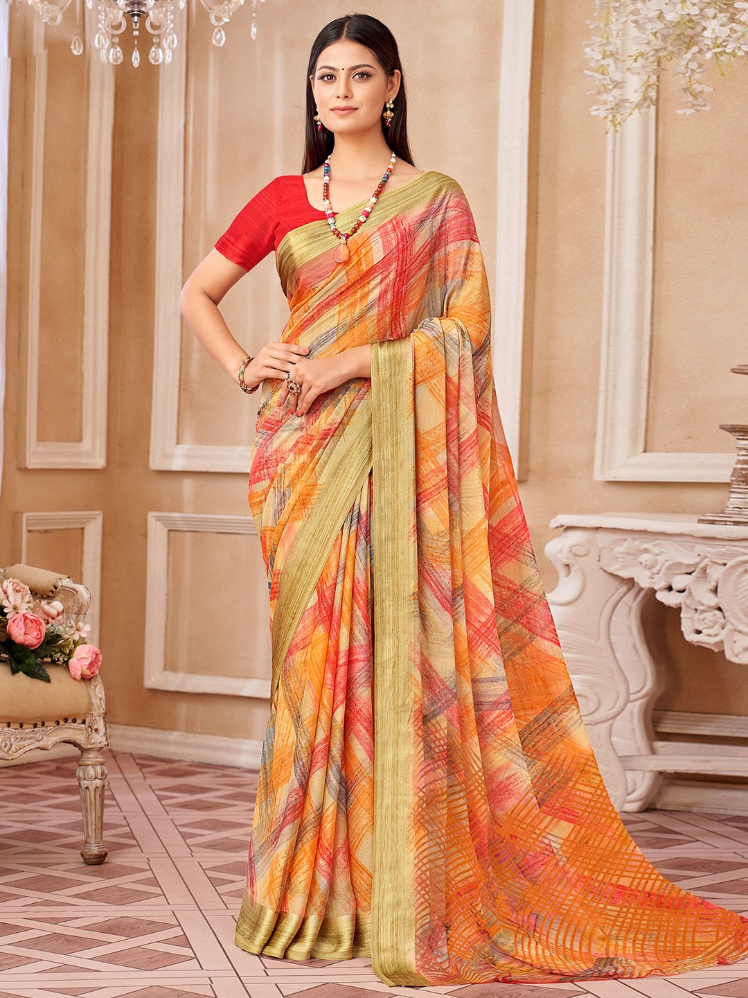 

Mitera Zari Poly Chiffon Bagru Saree, Beige