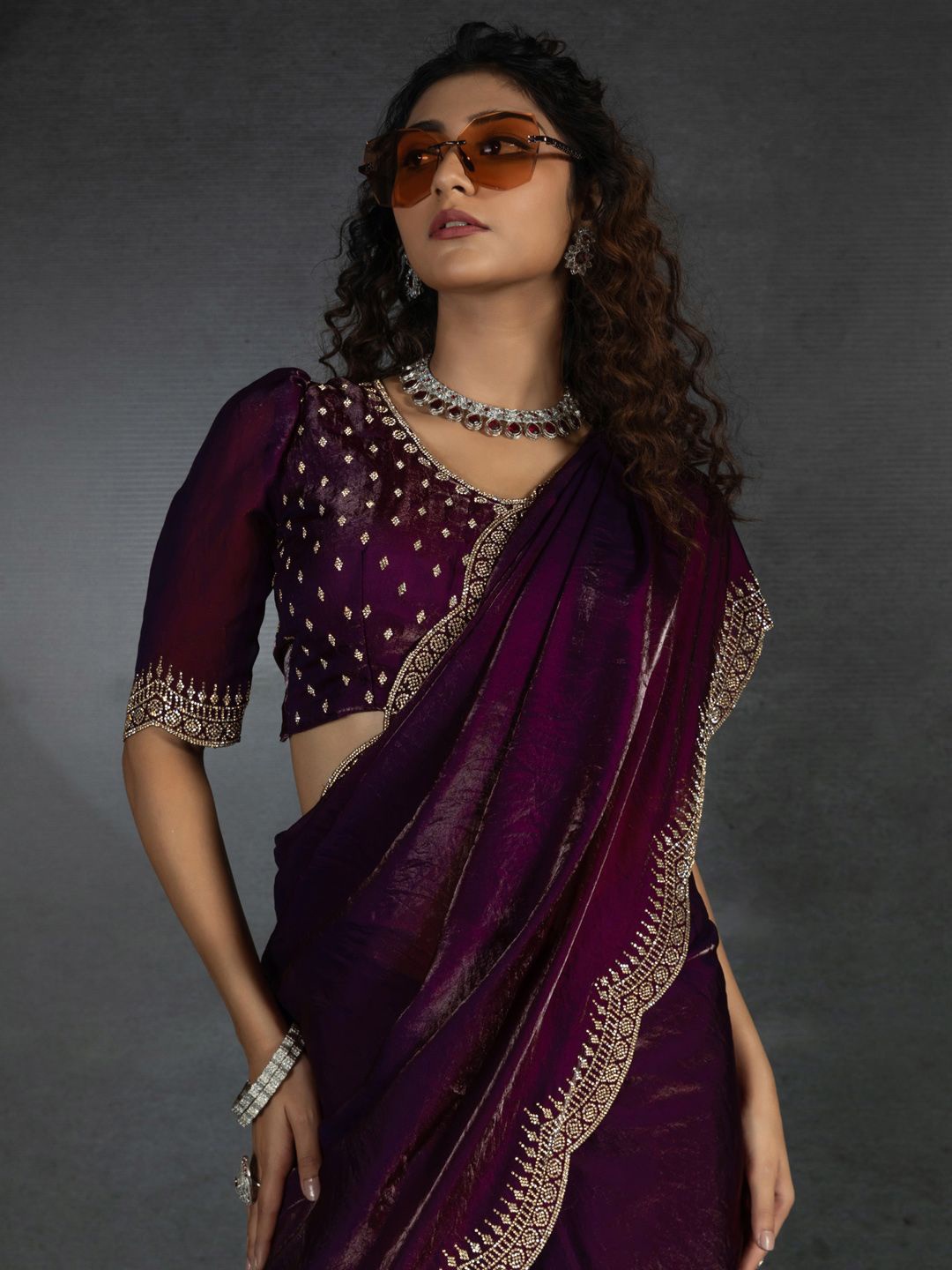 

Saree mall Embellished Beads and Stones Satin Sarees, Purple