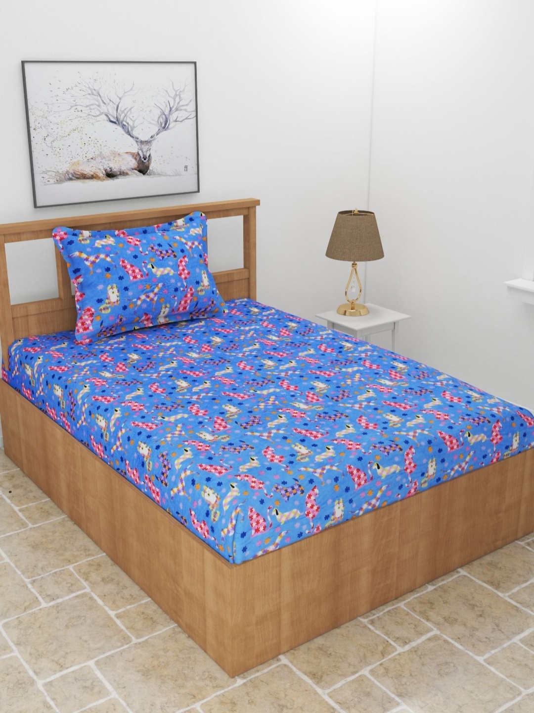 

BREVARD Blue Geometric Printed Wool 210 TC Single Bedsheet Set 1.52 m x 2.28 m