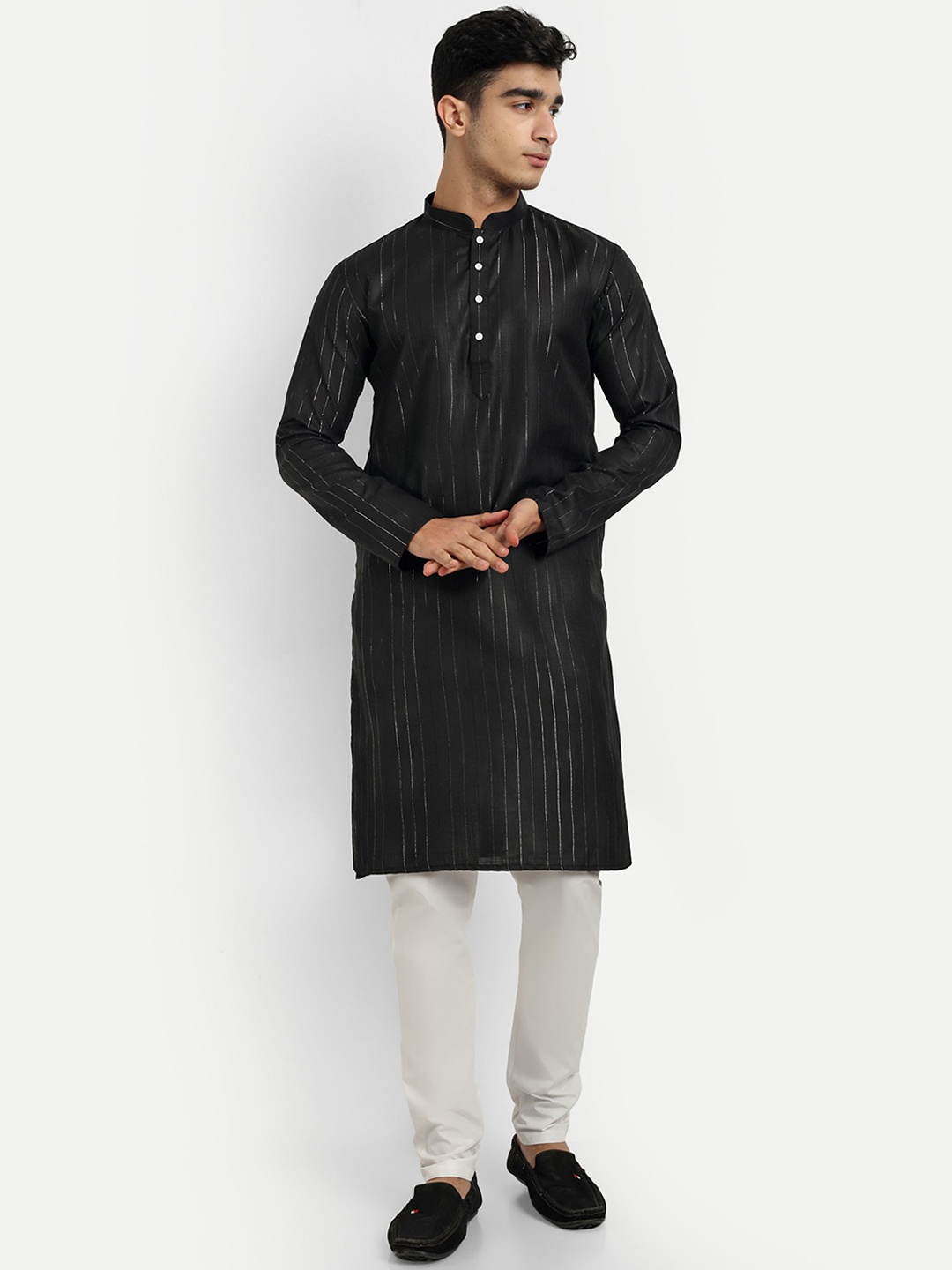 

WELL TEX Striped Embroidered Mandarin Collar Straight Kurta, Black