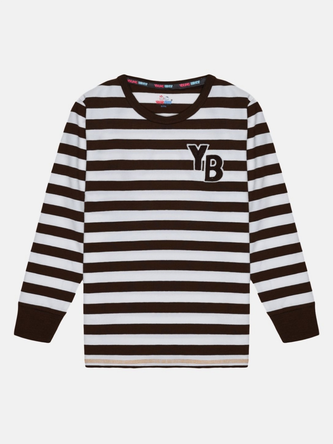 

YOUNG BIRDS Boys Striped Round Neck Cotton T-shirt, Brown