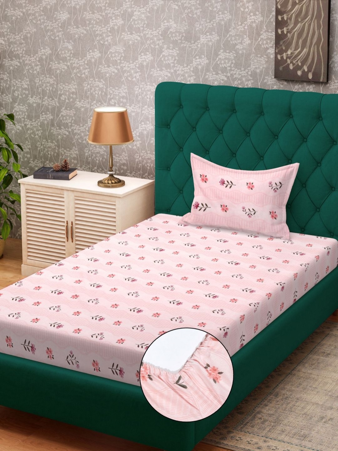 

KLOTTHE Pink & Green Floral Printed 300 TC Fitted Single Bedsheet Set 2.25 m x 1.50 m