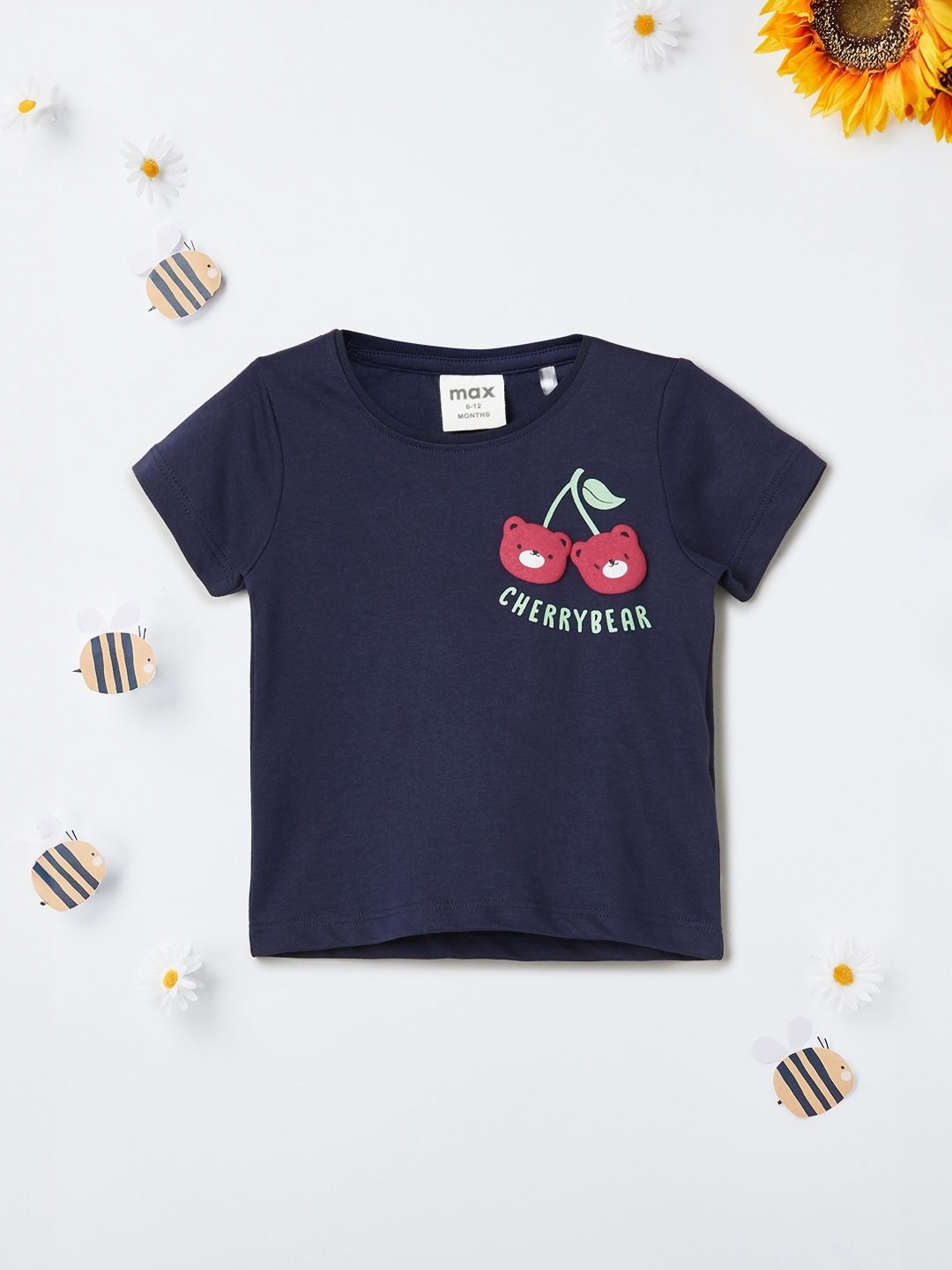 

max Girls Graphic Printed Round Neck Cotton T-shirt, Navy blue