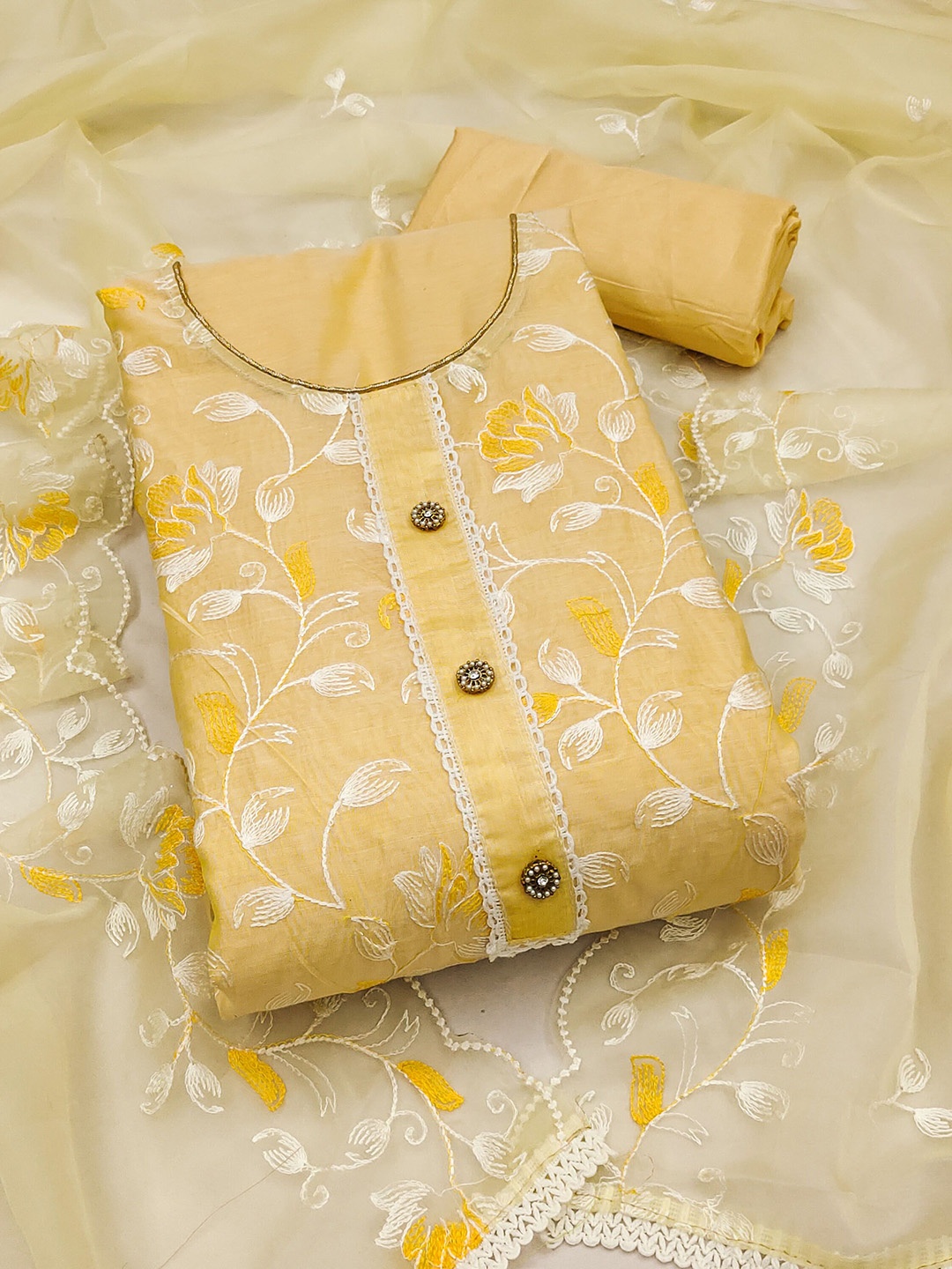 

SAINOOR Floral Embroidered Thread Work Modal Chanderi Silk Semi-Stitched Dress Material, Yellow