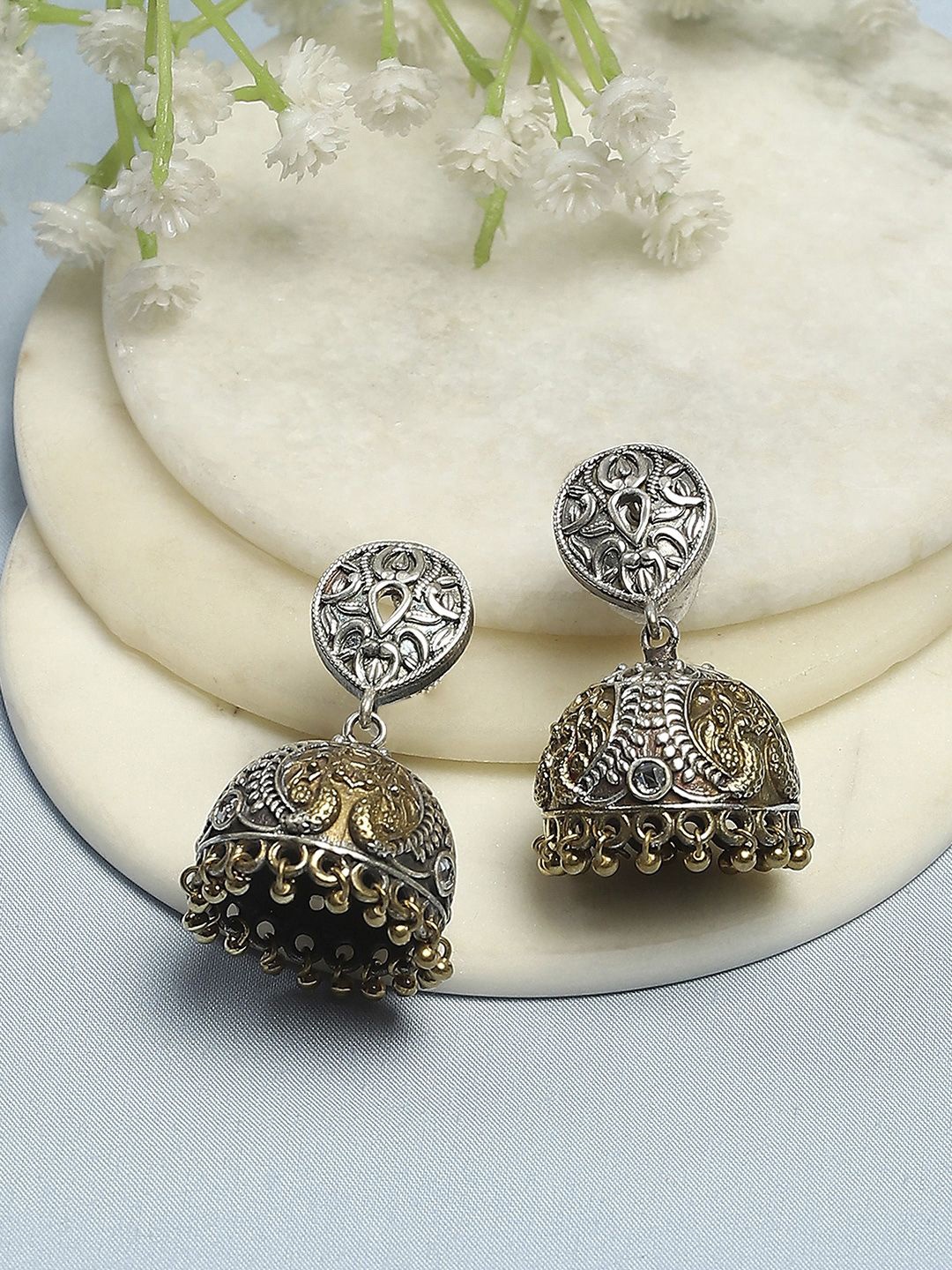 

Biba Brass Silver Plated Contemporary Shaped Jhumkas Earrings