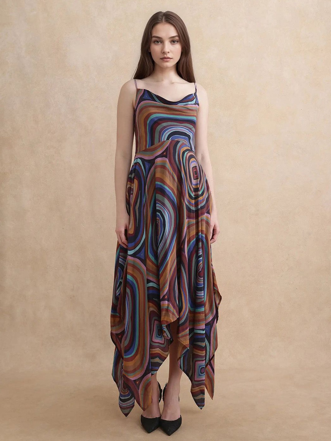 

RAREISM Print Cowl Neck Fit & Flare Maxi Dress, Multi