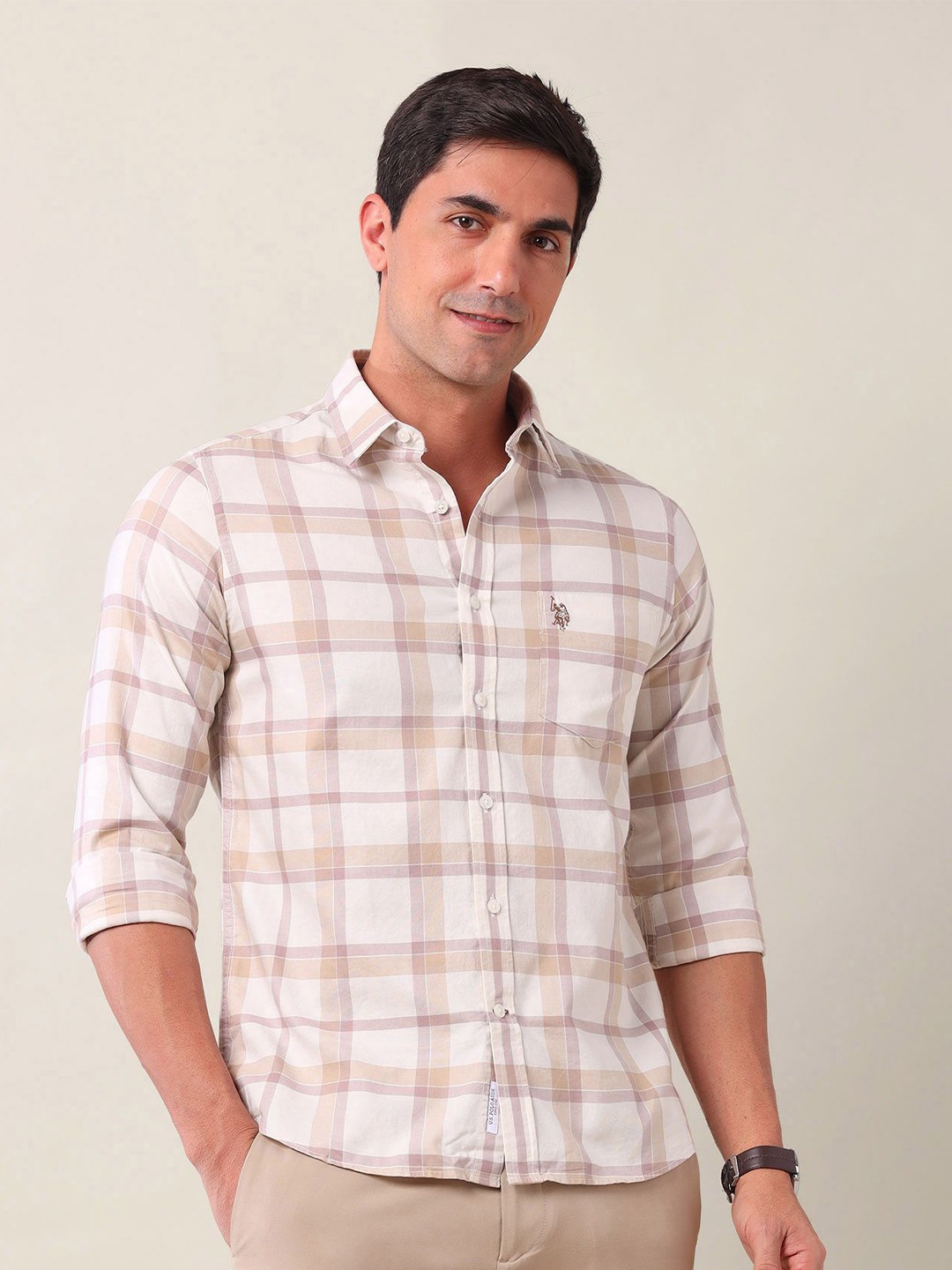 

U.S. Polo Assn. Men Classic Tailored Fit Opaque Checked Casual Shirt, Beige