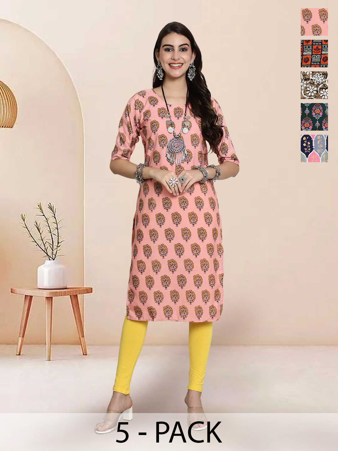 

7Threads Selection of 5 Floral Printed Round Neck Straight Kurtas, Peach