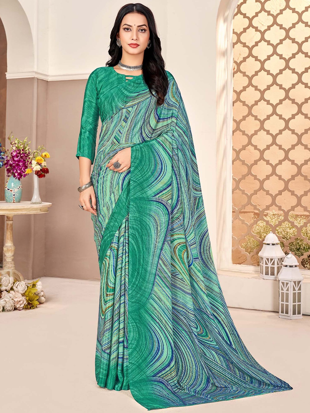 

Mitera Abstract Printed Saree, Green