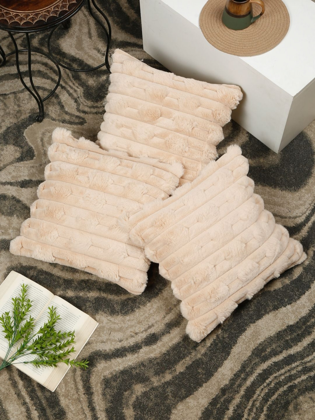 

HOSTA HOMES Peach 3 Pieces Textured Fur Square Cushion
