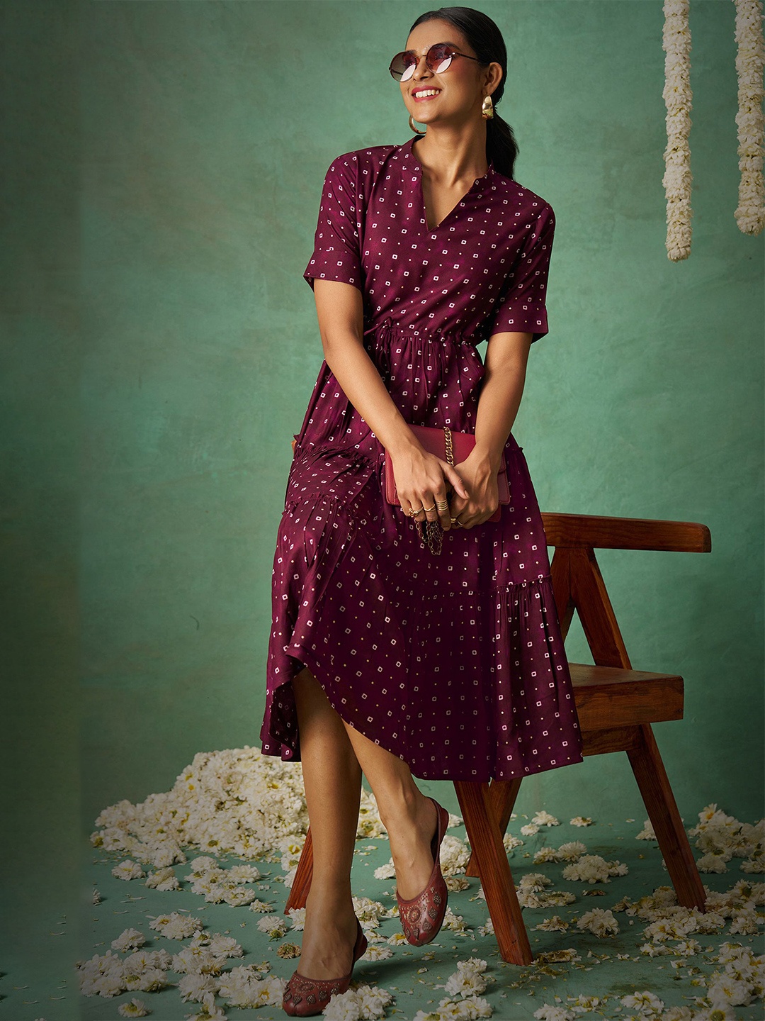 

FLOWERVELLY Women Print Fit & Flare Midi Dress, Purple
