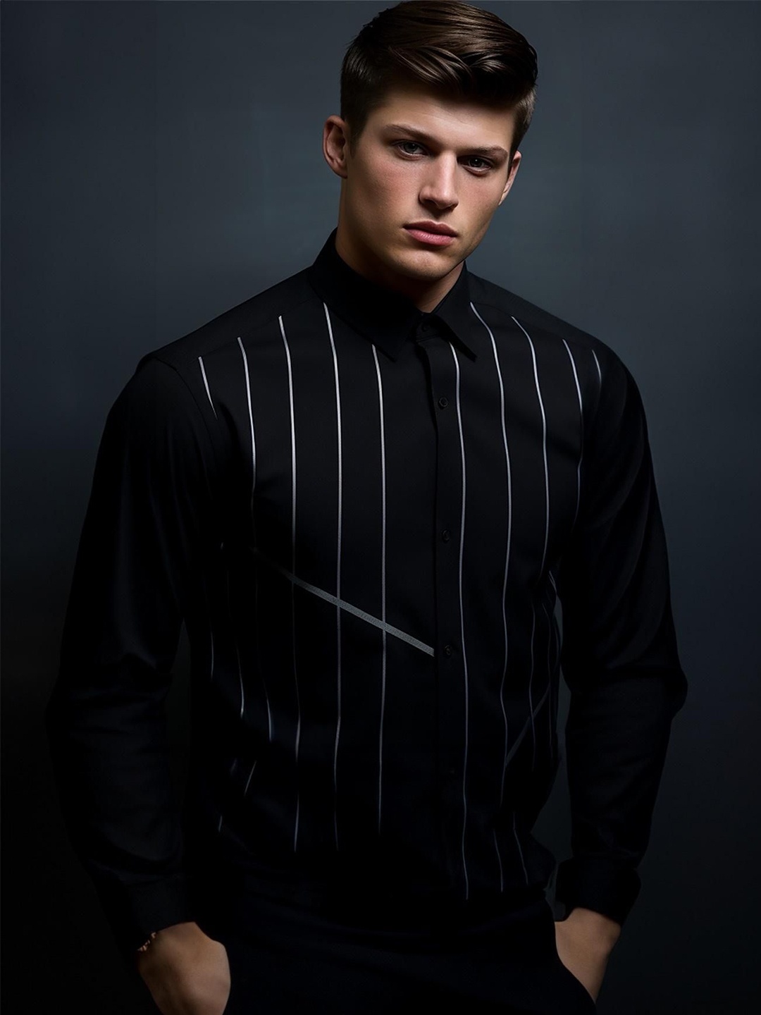 

HE SPOKE Men Smart Tailored Fit Opaque Striped Casual Shirt, Black