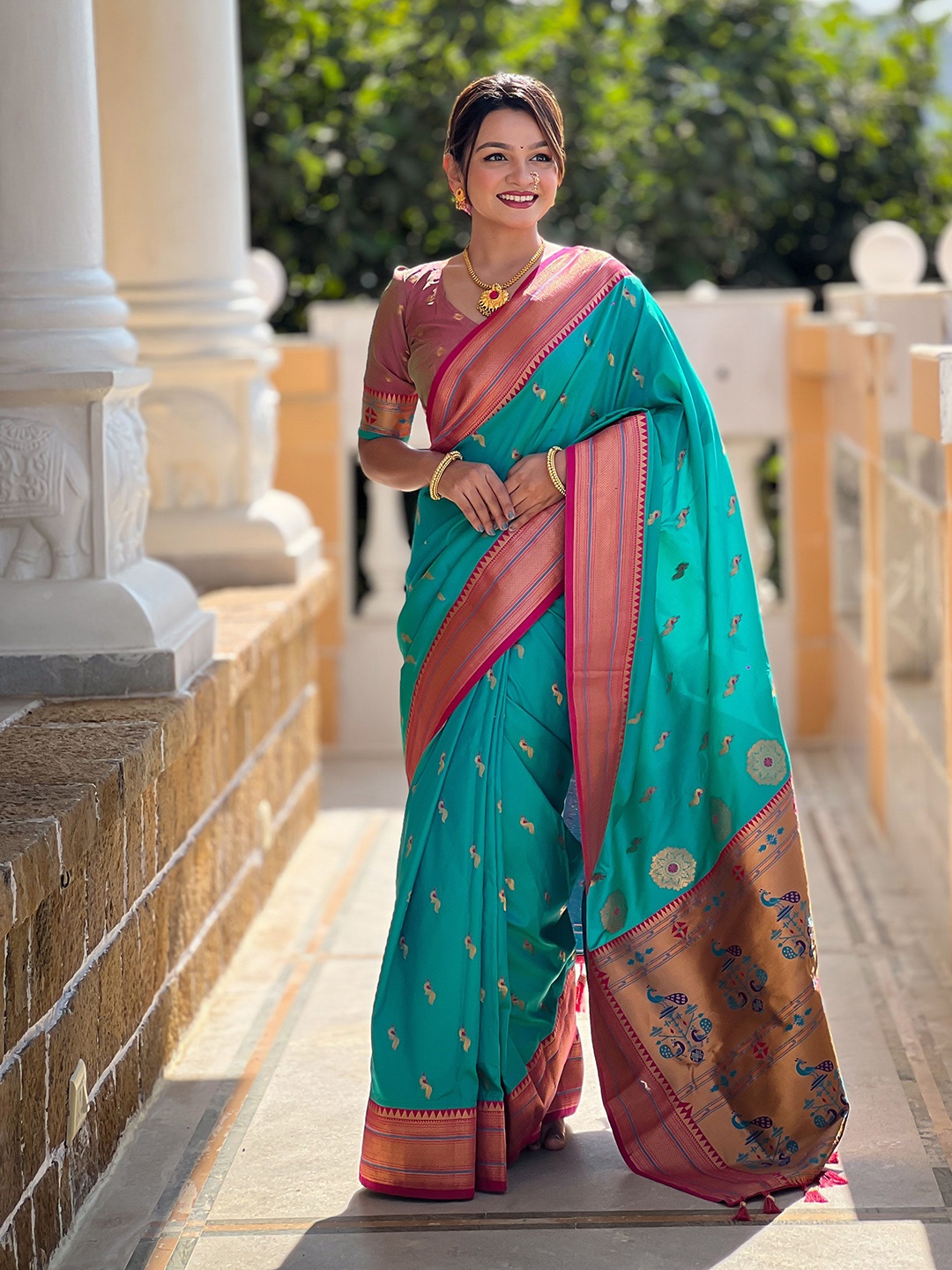 

Divyadham Textiles Woven Design Zari Pure Silk Paithani Saree, Turquoise blue