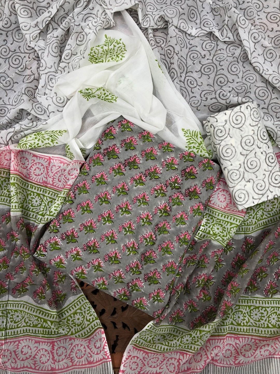 

PALASH Floral Block Printed Cotton Unstitched Dress Material, Grey