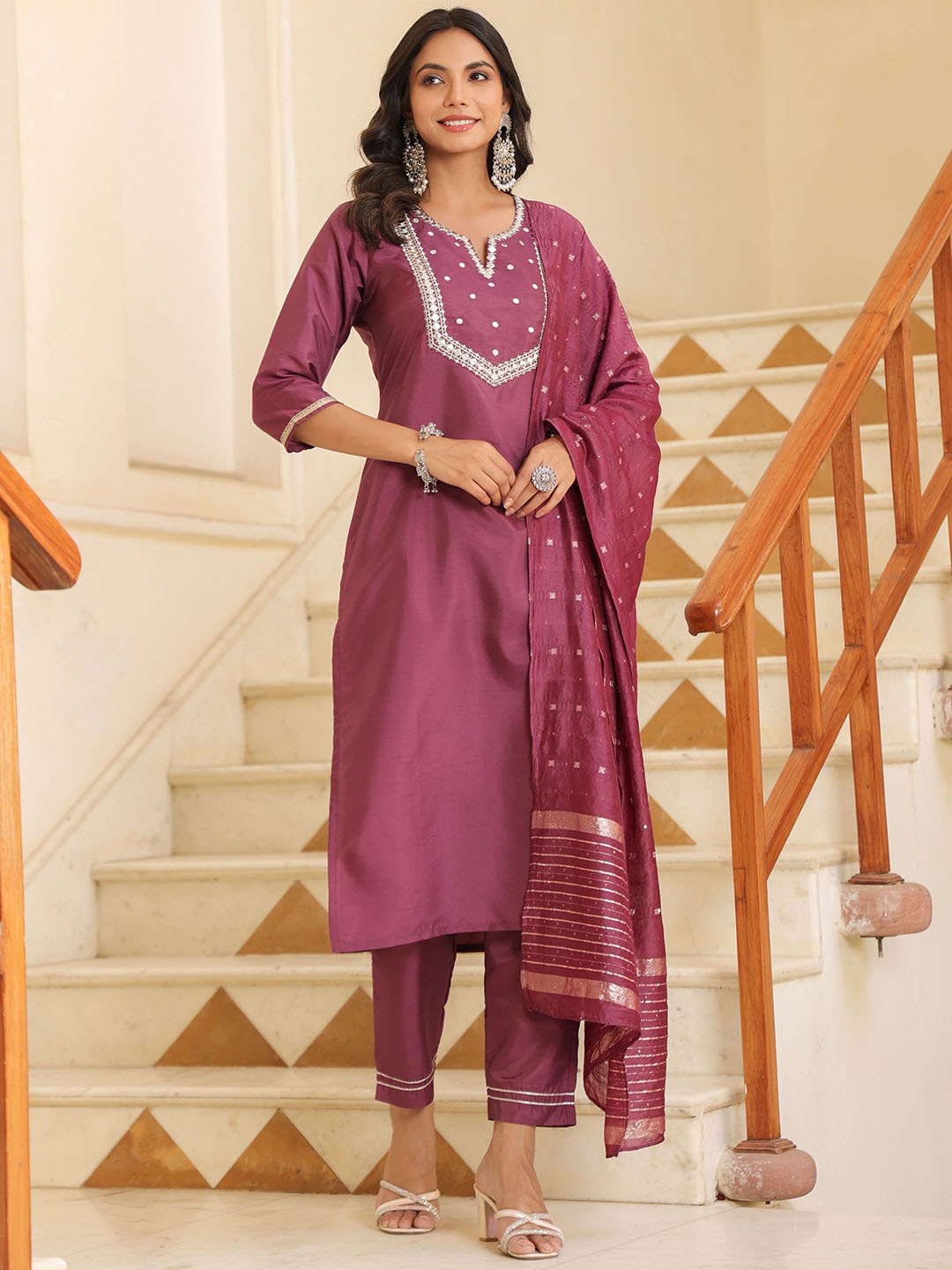 

KALINI Gotta Patti Embroidered Notch Neck Kurta With Trousers & Dupatta, Mauve